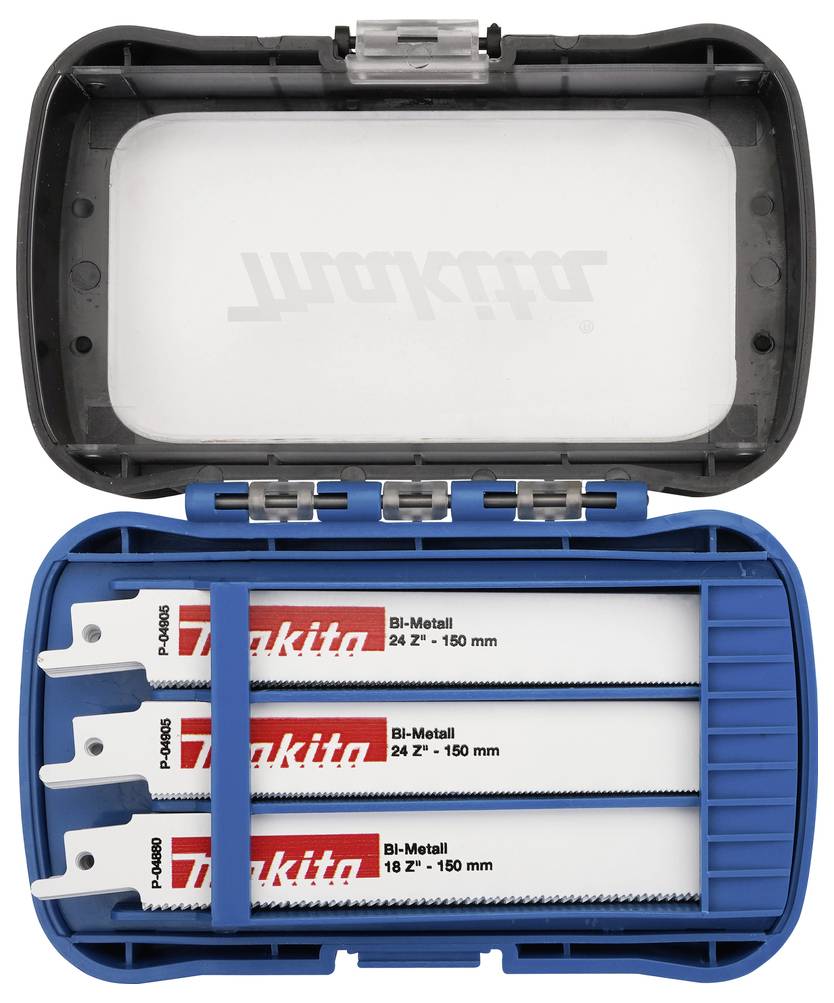 Offener blauer Makita-Koffer mit drei Bimetall-Sägeblättern, wobei ein 24er 150-mm-Blatt und ein 18er 150-mm-Blatt sichtbar sind.