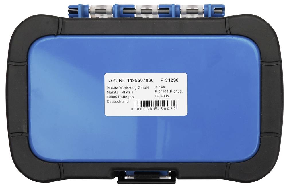 Blauer Kunststoff-Lagerbehälter mit schwarzer Schutzleiste und Griffverschlüssen, geschlossen dargestellt mit einem Produktetikett auf der Oberseite.