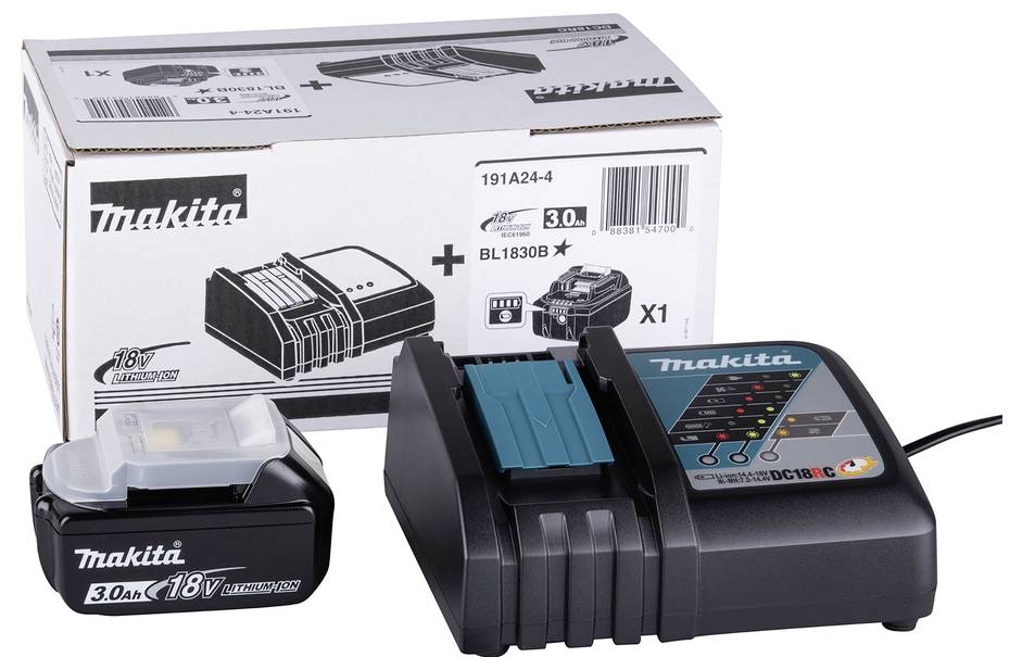 Makita Ladegerät-Set mit einem 3.0Ah 18V Akku und Ladeeinheit. Verpackungskarton im Hintergrund.
