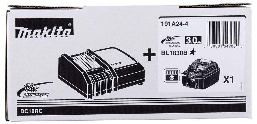 Makita 18V Lithium-Ionen-Akku und Ladegerät-Set in Verpackung, gekennzeichnet mit 'DC18RC' und 'BL1830B', mit Barcode und Produktabbildungen.