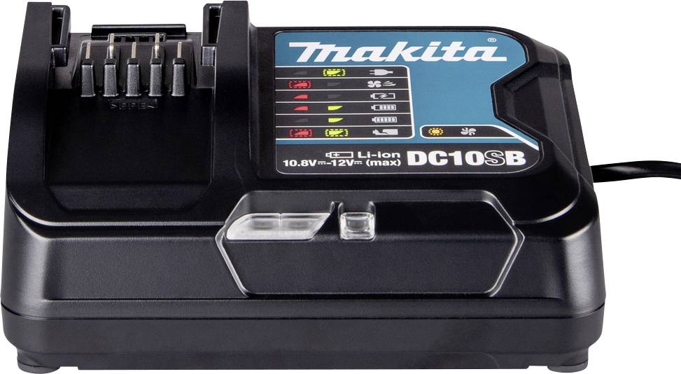 Ein Makita-Ladegerät Modell DC10SB für 10,8V-12V Lithium-Ionen-Akkus, mit Anzeigen für Akkustatus und Ladestand.