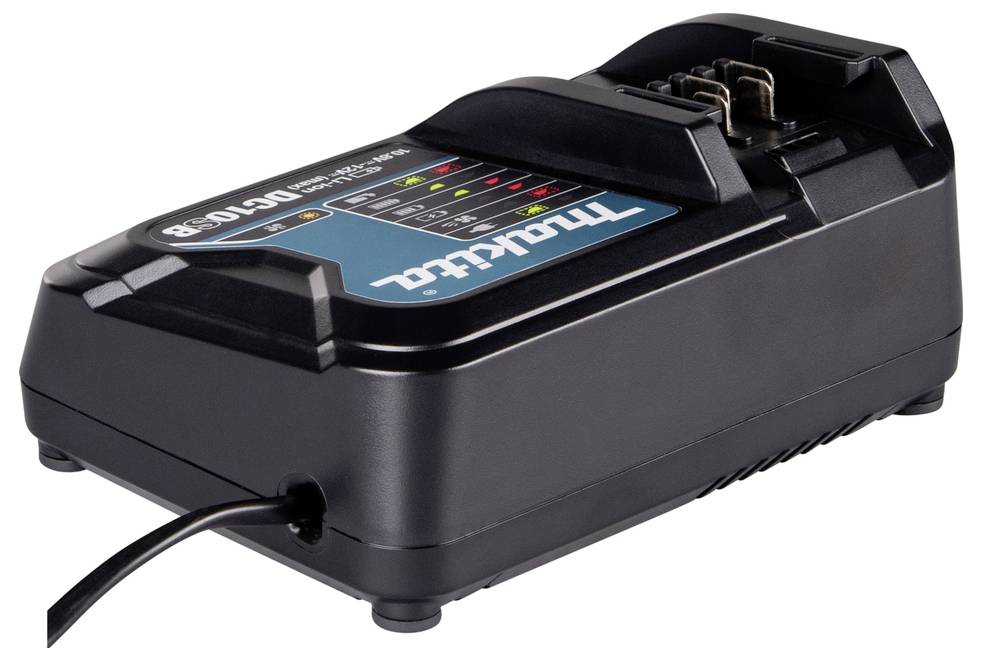 Ein drahtloses Werkzeug-Batterieladegerät mit LED-Anzeigen für den Ladestatus und einem an der Seite angeschlossenen Netzkabel.