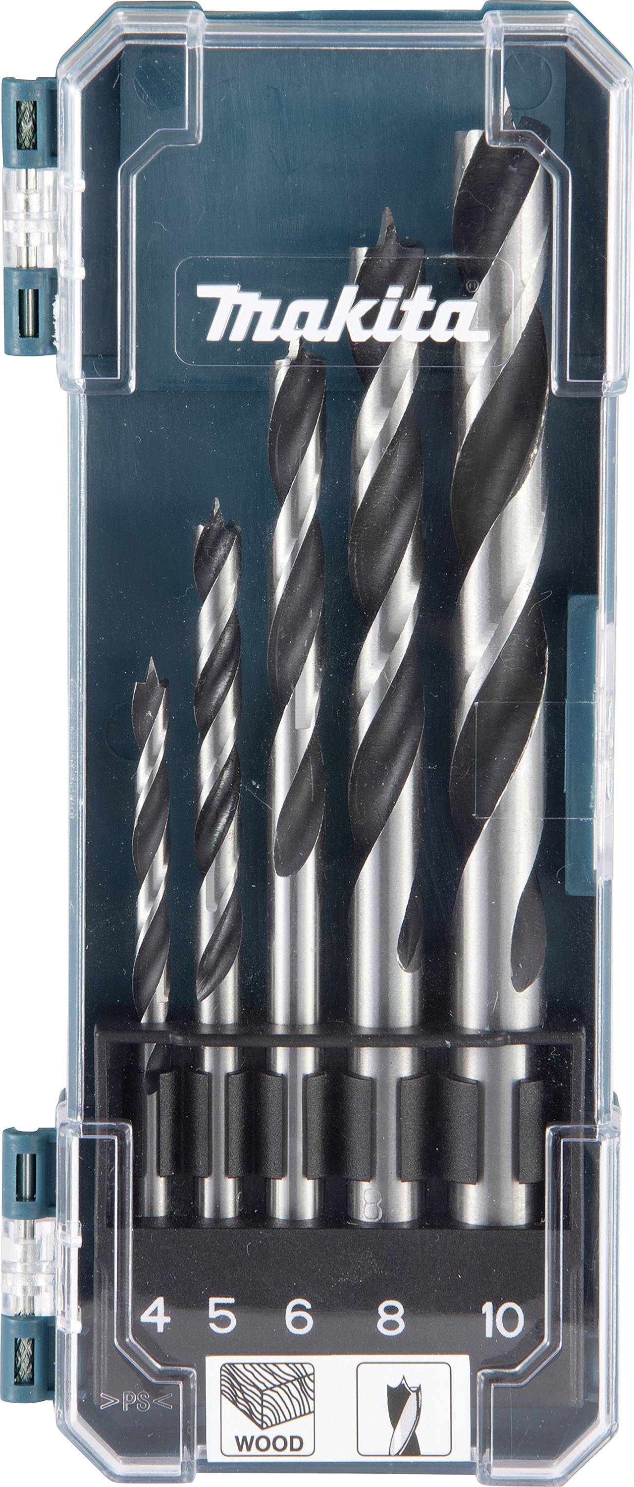 'Makita Bohrer-Set', fünf Spiralbohrer in verschiedenen Größen, nummeriert: 4, 5, 6, 8, 10. Geeignet für Holzarbeiten.