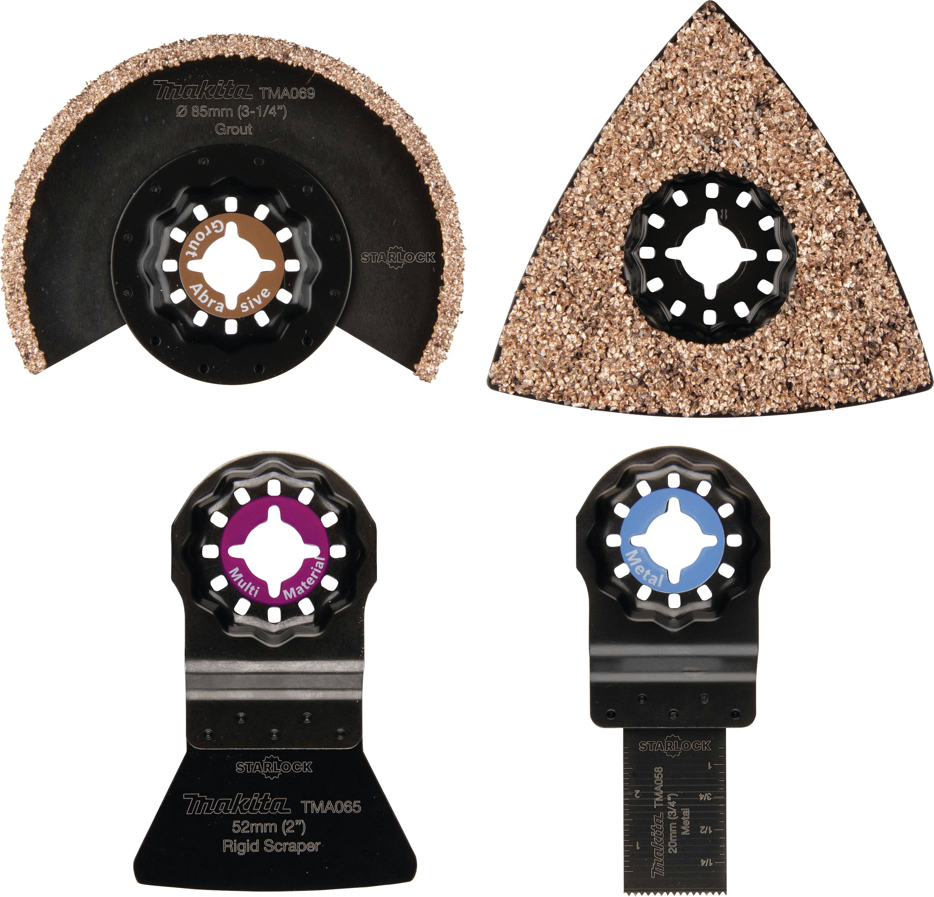 Vier austauschbare Multitool-Sägeblätter in verschiedenen Formen und Größen aus Metall, optimiert für unterschiedliche Materialbearbeitungen.