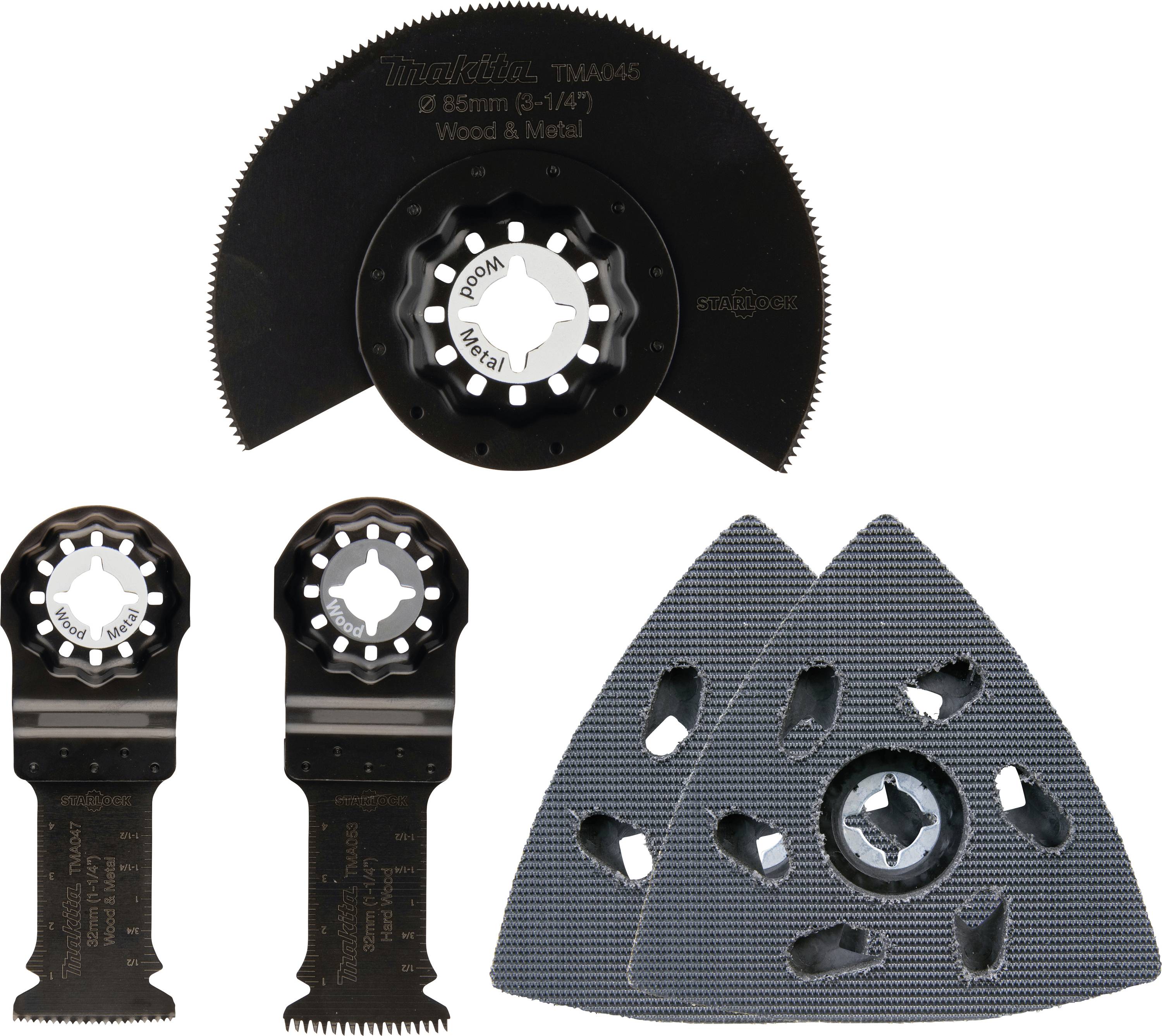 Ein Satz Sägeblätter und Schleifplatten für oszillierende Multitools: zwei segmentierte Sägeblätter, zwei Eintauchsägeblätter und drei Schleifplatten.