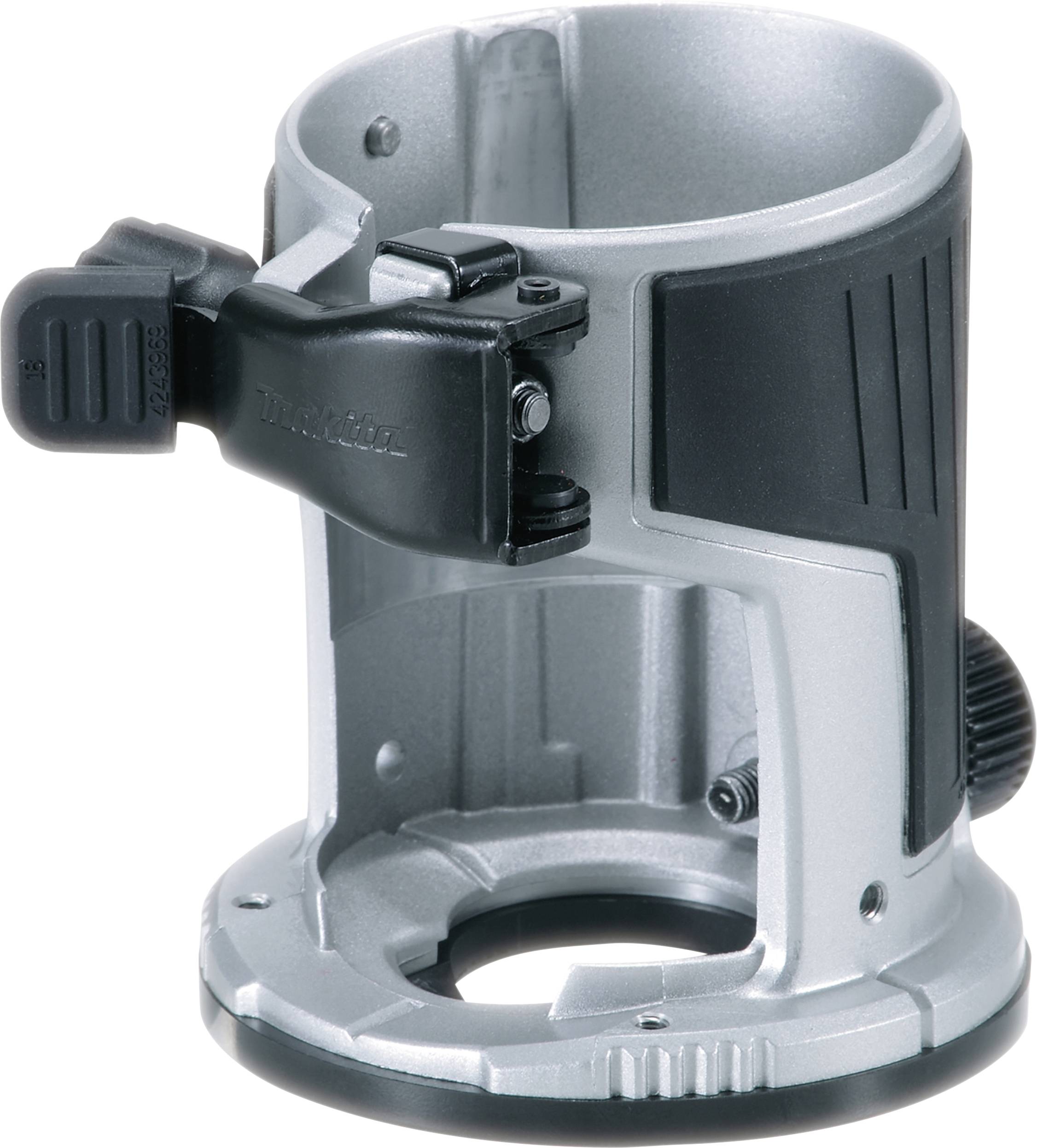 Metallischer Routeraufsatz mit verstellbarer Klemme und schwarzem Griff, zur Befestigung und präzisen Steuerung von Elektrowerkzeugen.