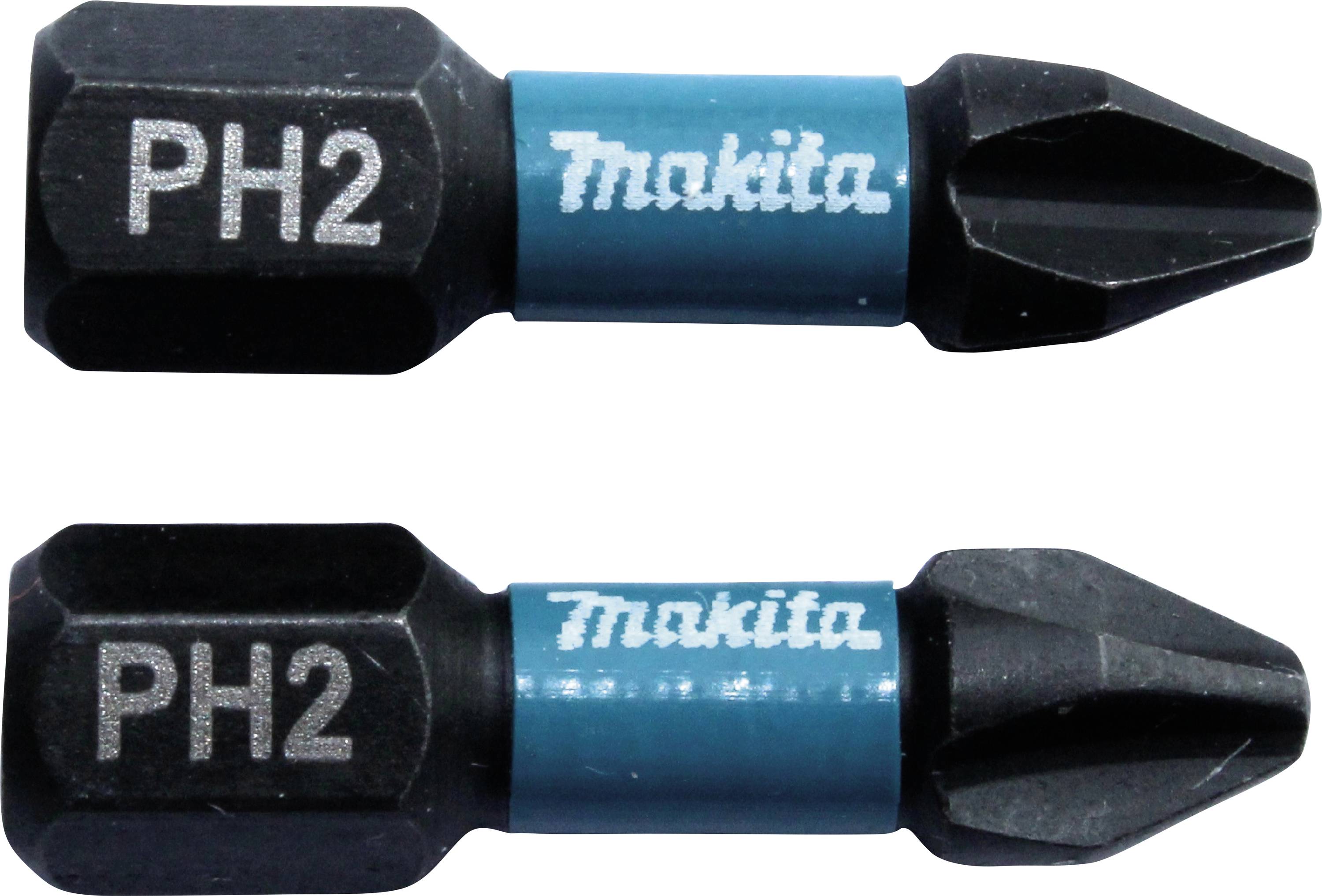 Zwei schwarze PH2-Schraubendreher-Bits mit blauen Makita-Logos auf den Schäften, horizontal angeordnet.