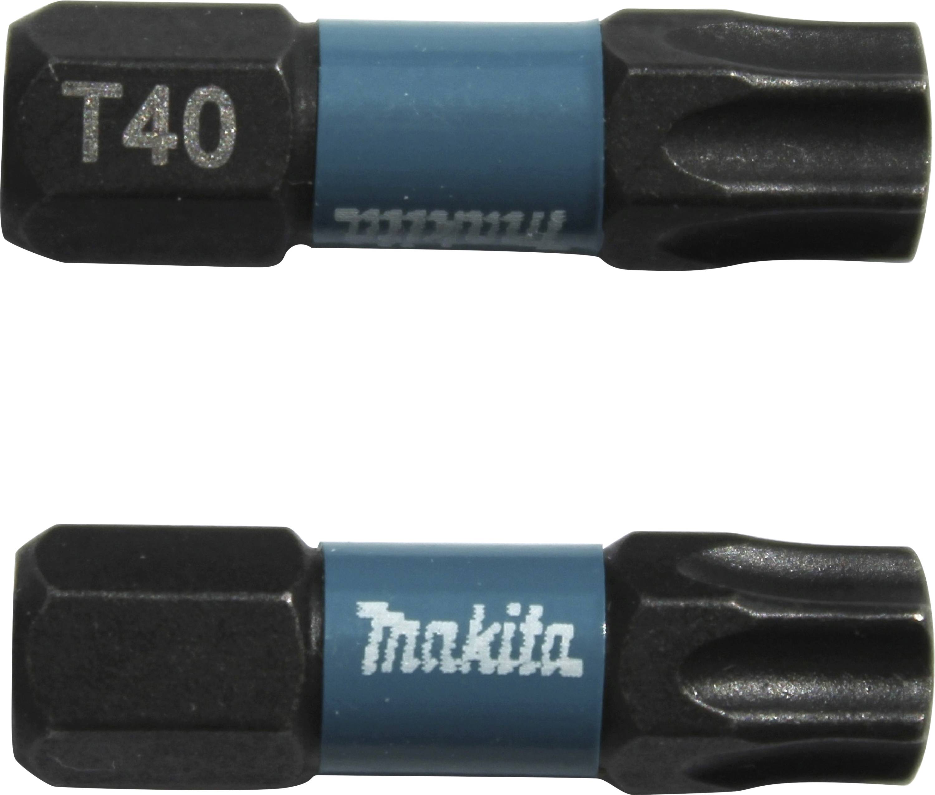 Zwei schwarze Schraubendrehereinsätze mit blauer Beschriftung. Der obere hat die Aufschrift 'T40', der untere 'Makita'.
