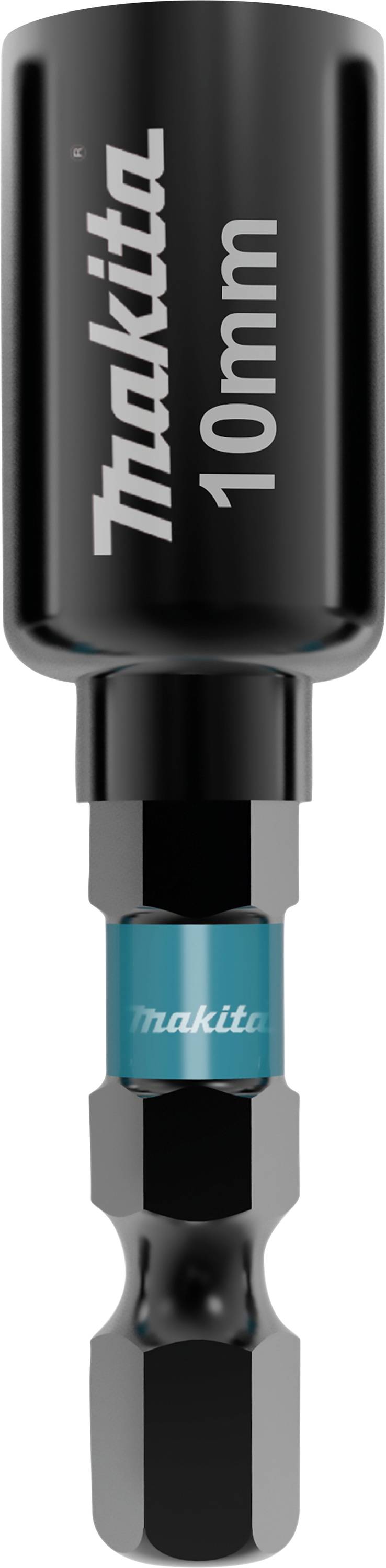 Ein schwarzes magnetisches Steckschlüssel-Setzwerkzeug von Makita, '10mm', geeignet für Schrauben mit Sechskantkopf.