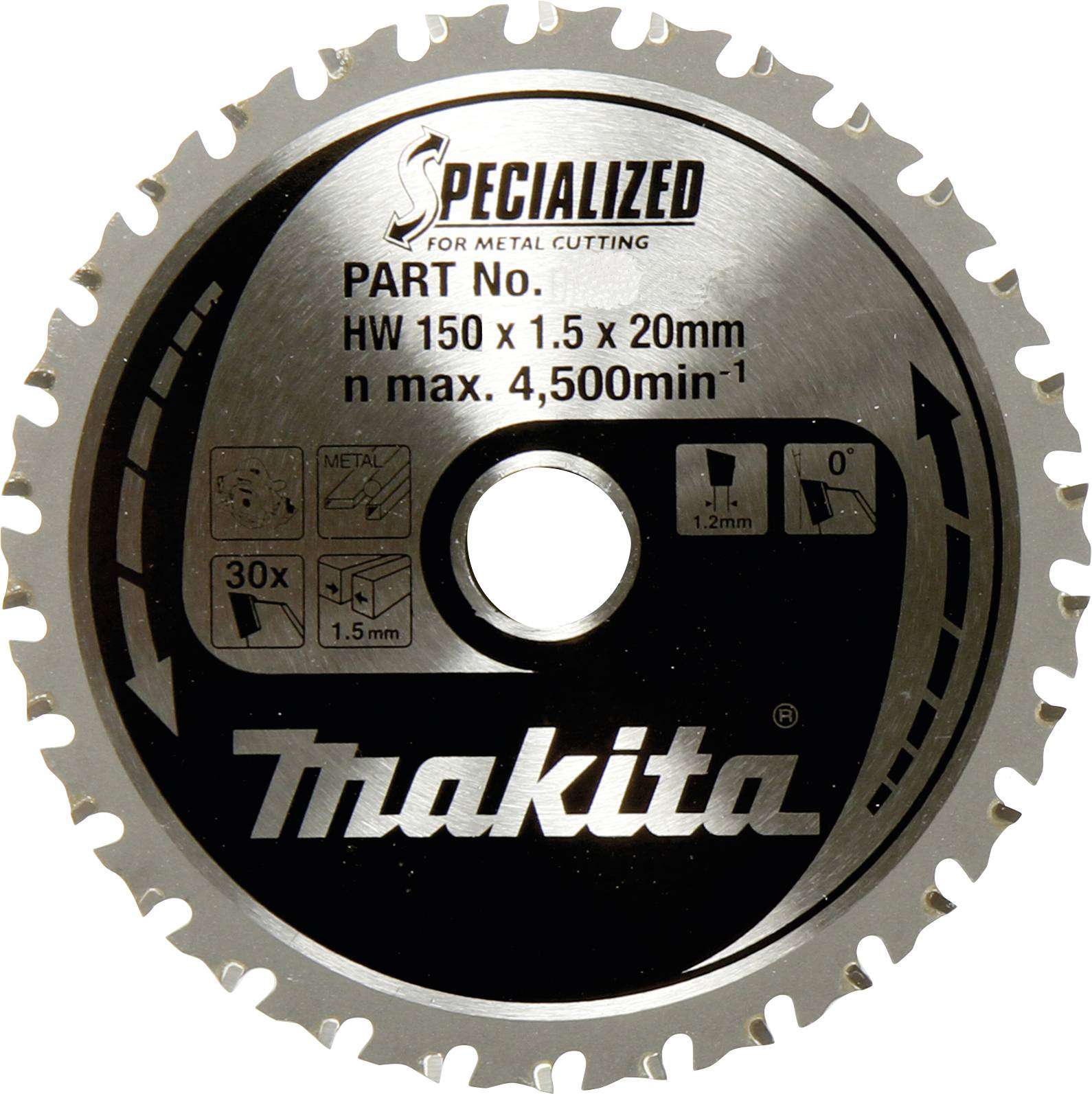 Kreissägeblatt mit der Aufschrift 'Makita' und 'Spezialisiert für Metallschneiden', Spezifikationen HW 150 x 1,5 x 20 mm, max. 4500 U/min.