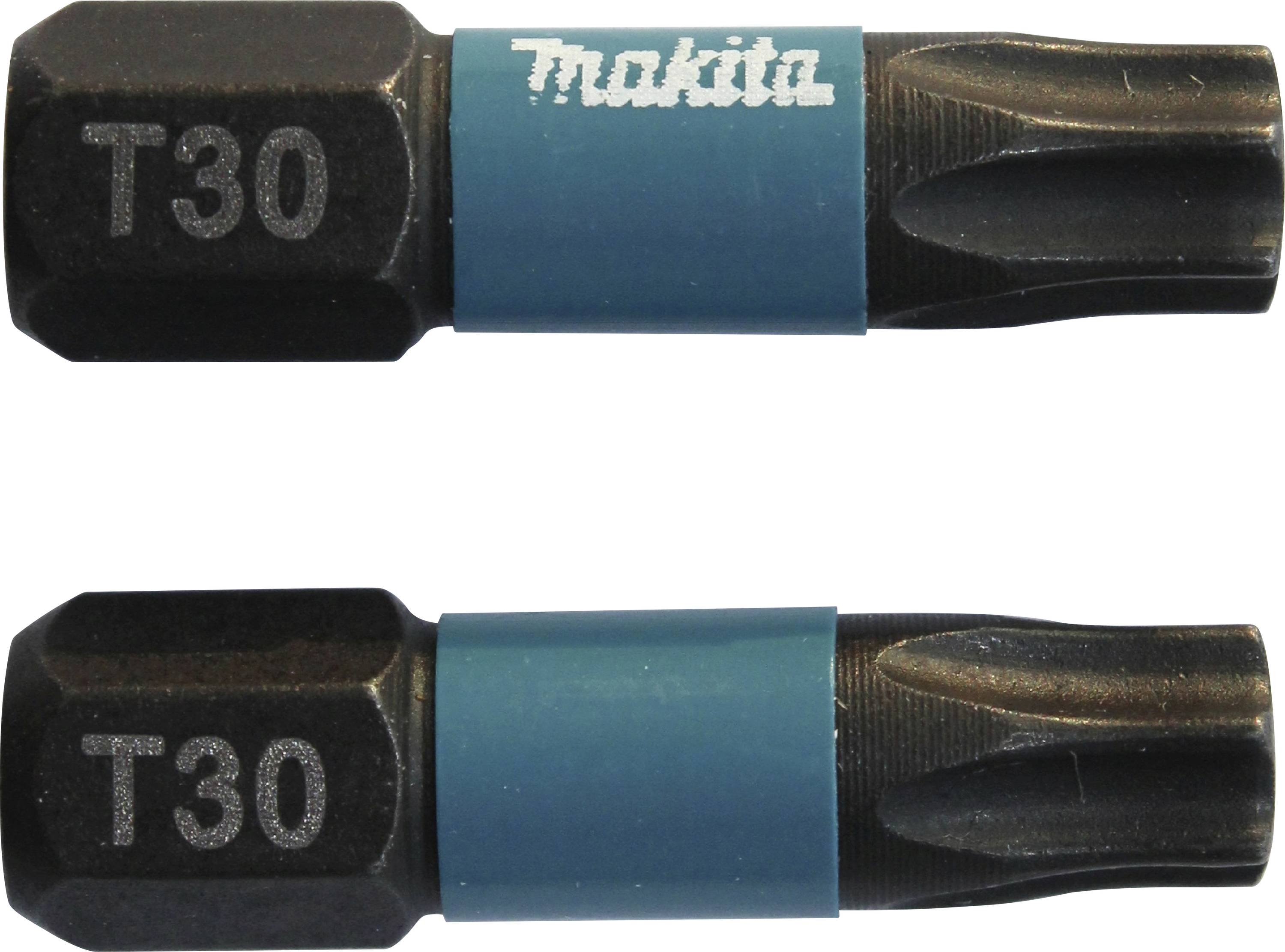 Zwei schwarze T30-Schraubbits mit blauem Streifen. Einer der Bits zeigt das Makita-Logo.
