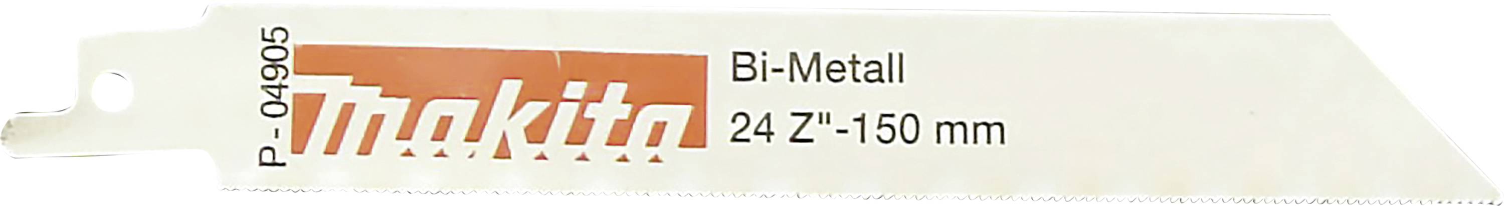 Makita Bi-Metall Sägeblatt, 24 Zähne pro Zoll, 150 mm lang, Beschriftung 'Bi-Metall 24Z 150 mm', seitliche Ansicht, nicht im Einsatz.