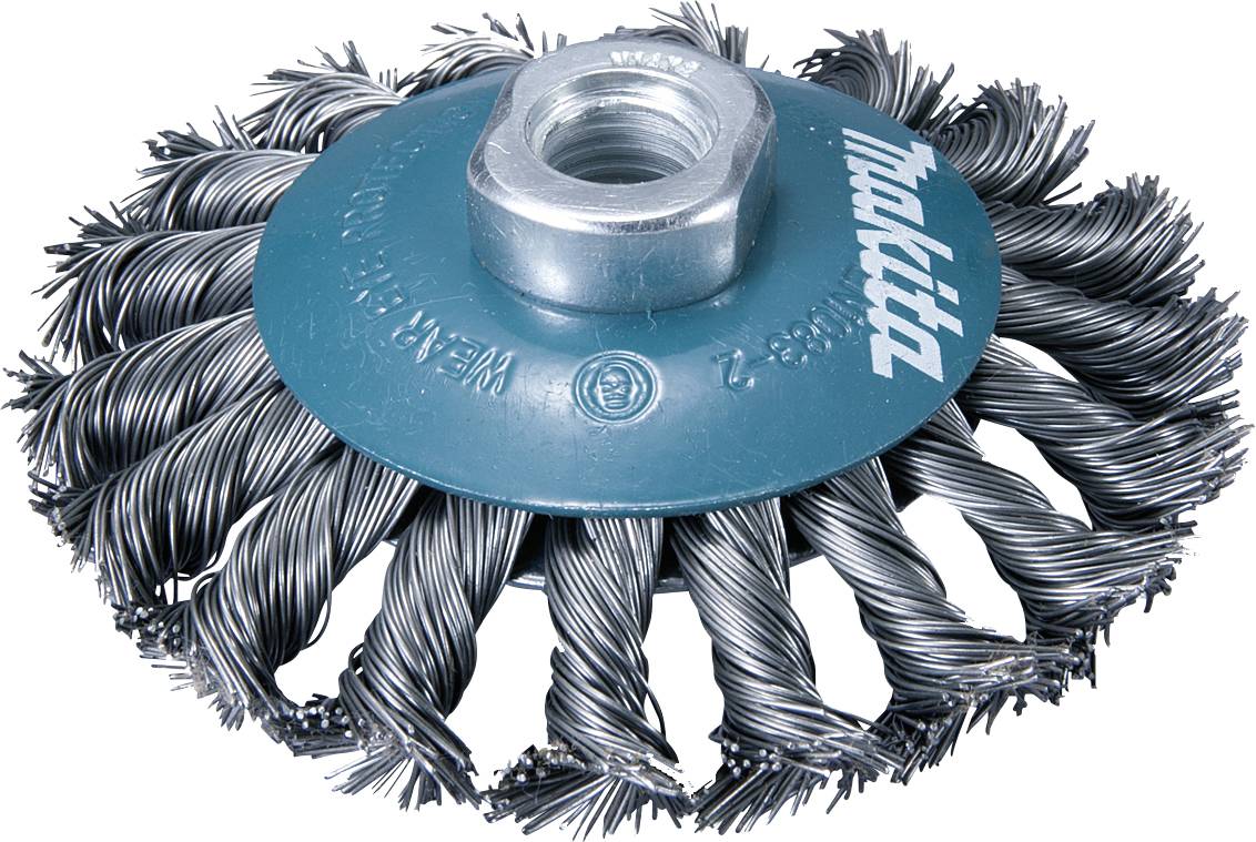 Drahtbürste mit gedrehten Stahlborsten und blauem Metallkopf. Markierung 'Makita' sichtbar. Wird zum Entfernen von Rost oder Farbe verwendet.