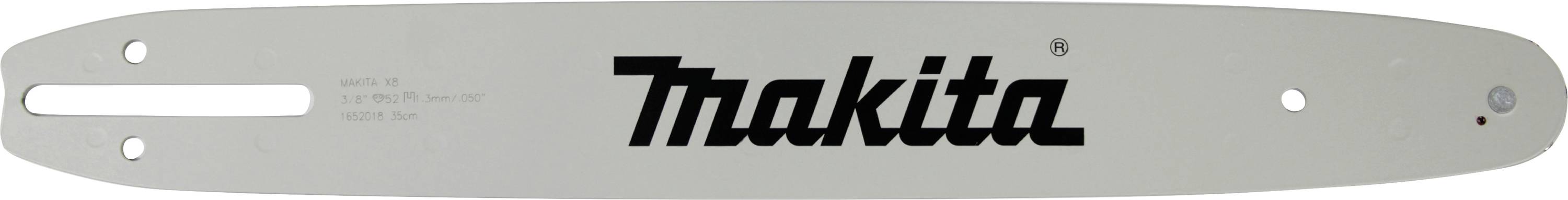 Eine silberne Kettensägenführung mit schwarzem 'Makita'-Logo in der Mitte.