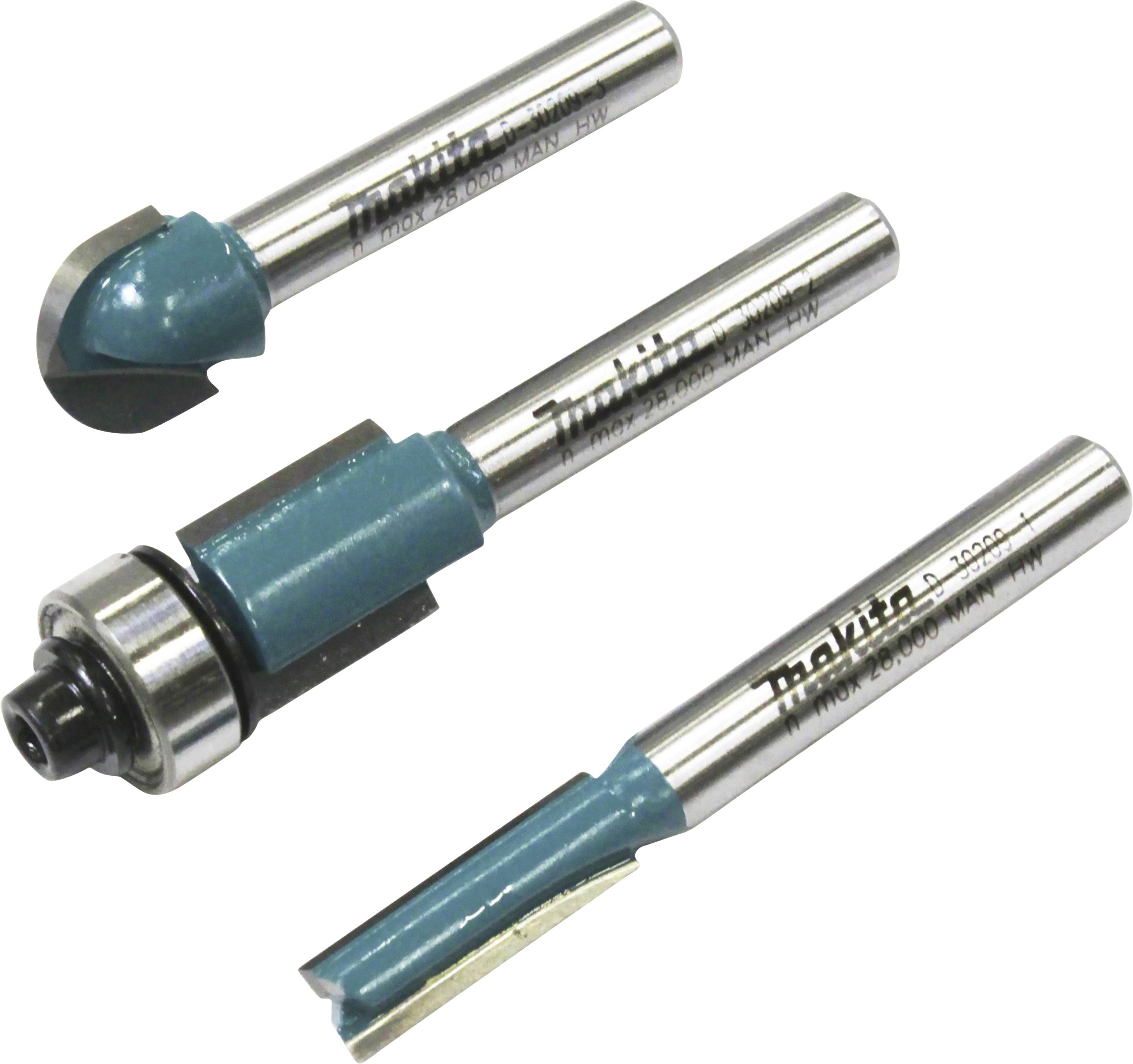 Drei verschiedene Fräsbohrer mit Stahlkörper und blauer Schneidfläche in unterschiedlichen Größen und Formen.