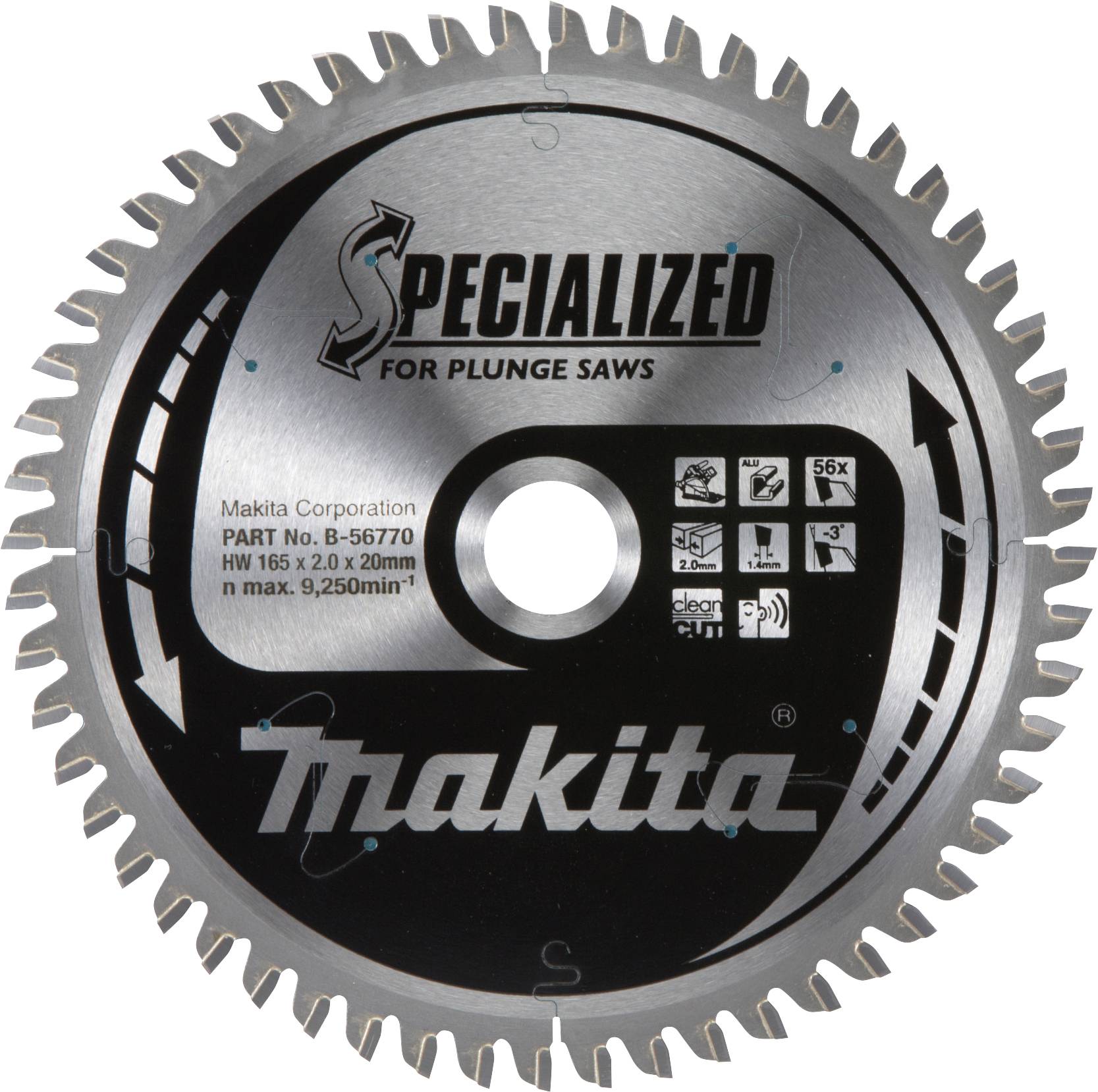 Makita Kreissägeblatt für Tauchsägen, spezialisiertes Design, HW 165 x 2,0 x 20mm, max. 9.250 U/min, Teil-Nr. B-56707.