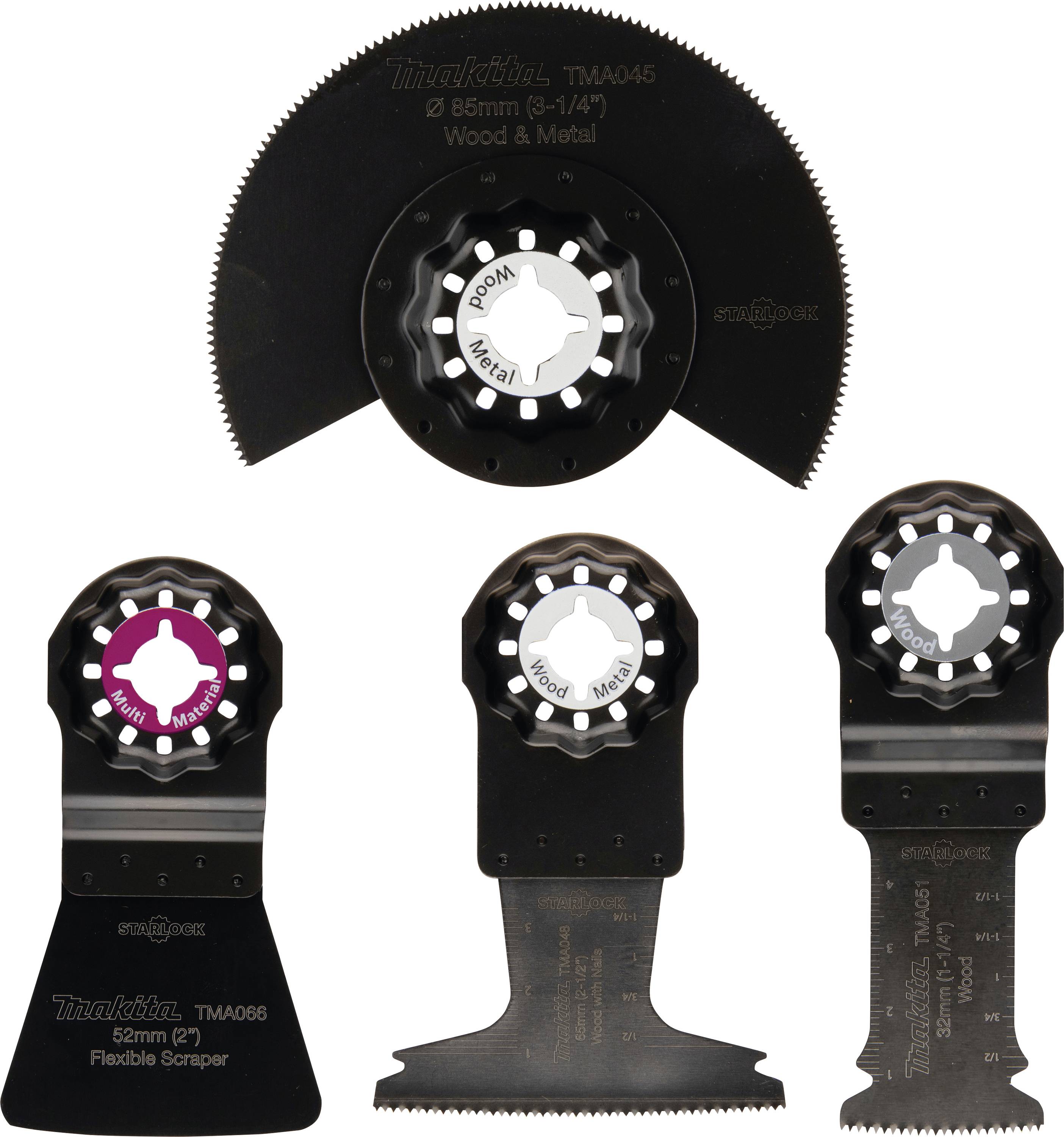 Vier verschiedene Sägeblätter für Multifunktionswerkzeuge, geeignet für Holz und Metall, mit Beschriftungen zum jeweiligen Material.