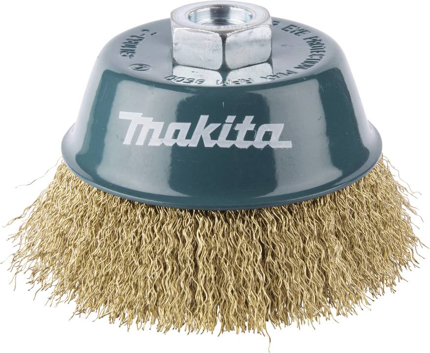 Runde Drahtbürste mit Metallborsten und grünem Gehäuse. Markenname 'Makita' auf der Oberseite. Einige Schrauben an der Befestigung.