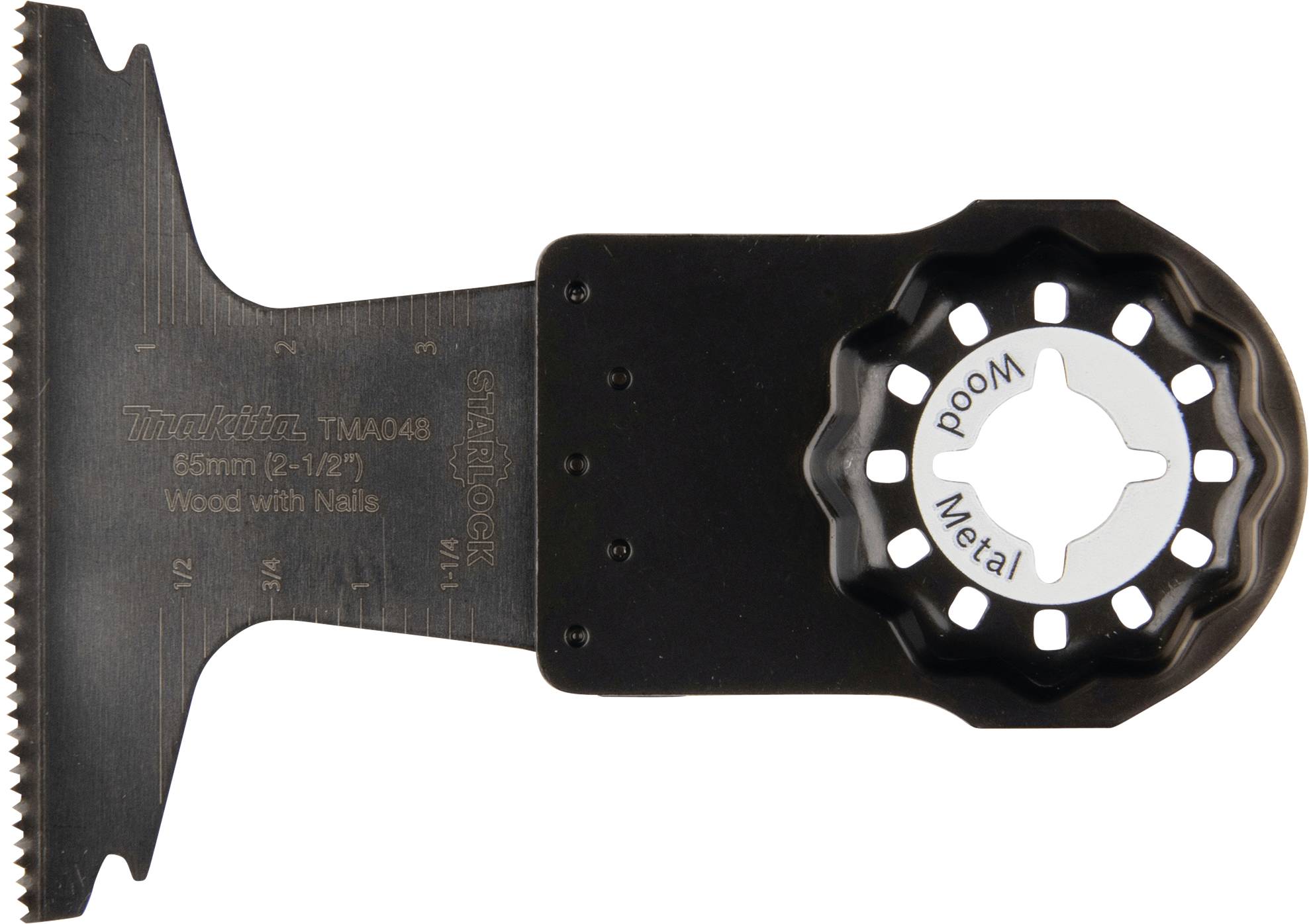 Multitool-Sägeblatt mit Aufschrift 'Wood with Nails' und 'Metal', geeignet für Holz mit Nägeln und Metallbearbeitung.