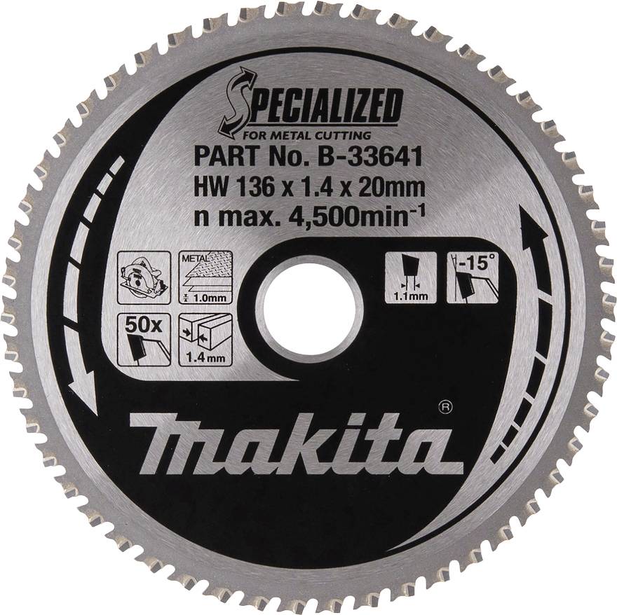 Sägeblatt von Makita für Metall. Modellnummer: B-33641. Durchmesser 136 mm; Schnittbreite 1,4 mm; Bohrung 20 mm; max. Drehzahl 4500 min⁻¹.