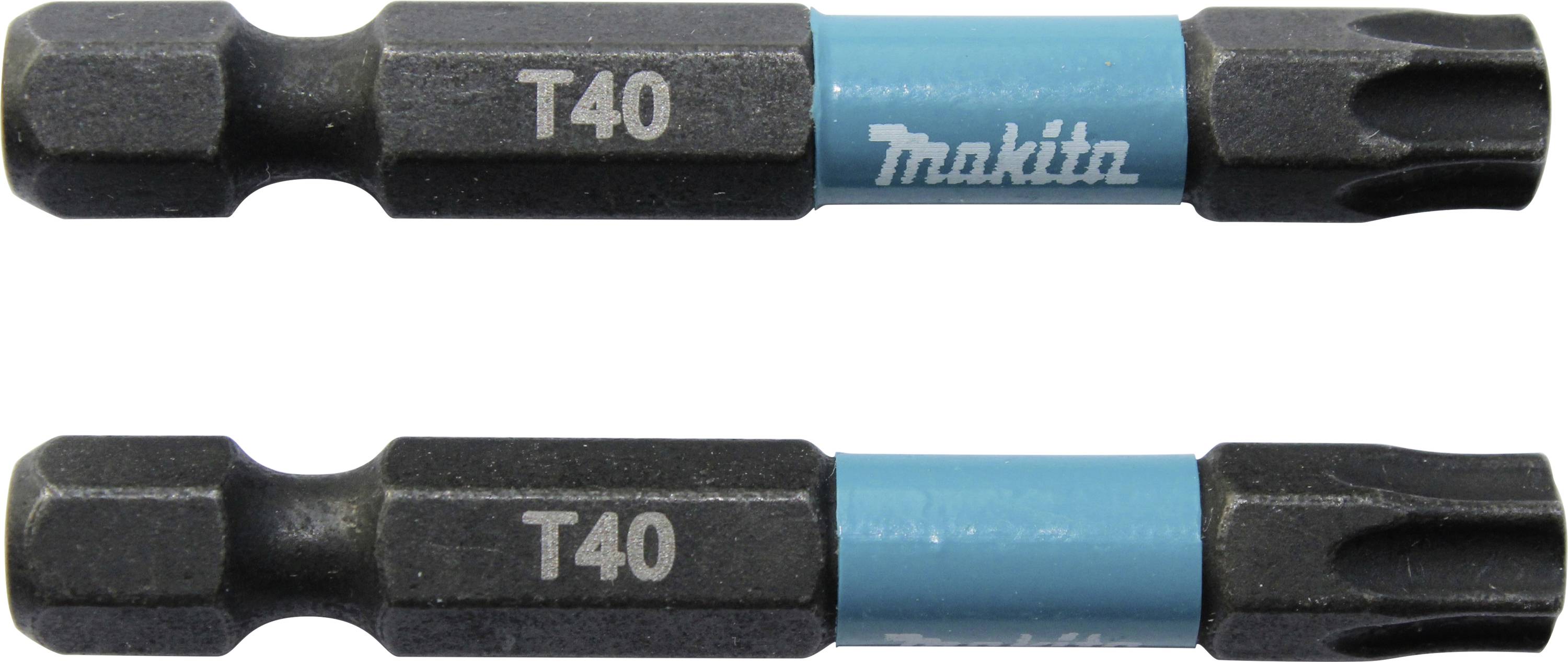 Zwei schwarze, kurze Schraubendreherbits mit blauer Markierung und der Aufschrift 'T40', geeignet für Torx-Schrauben.