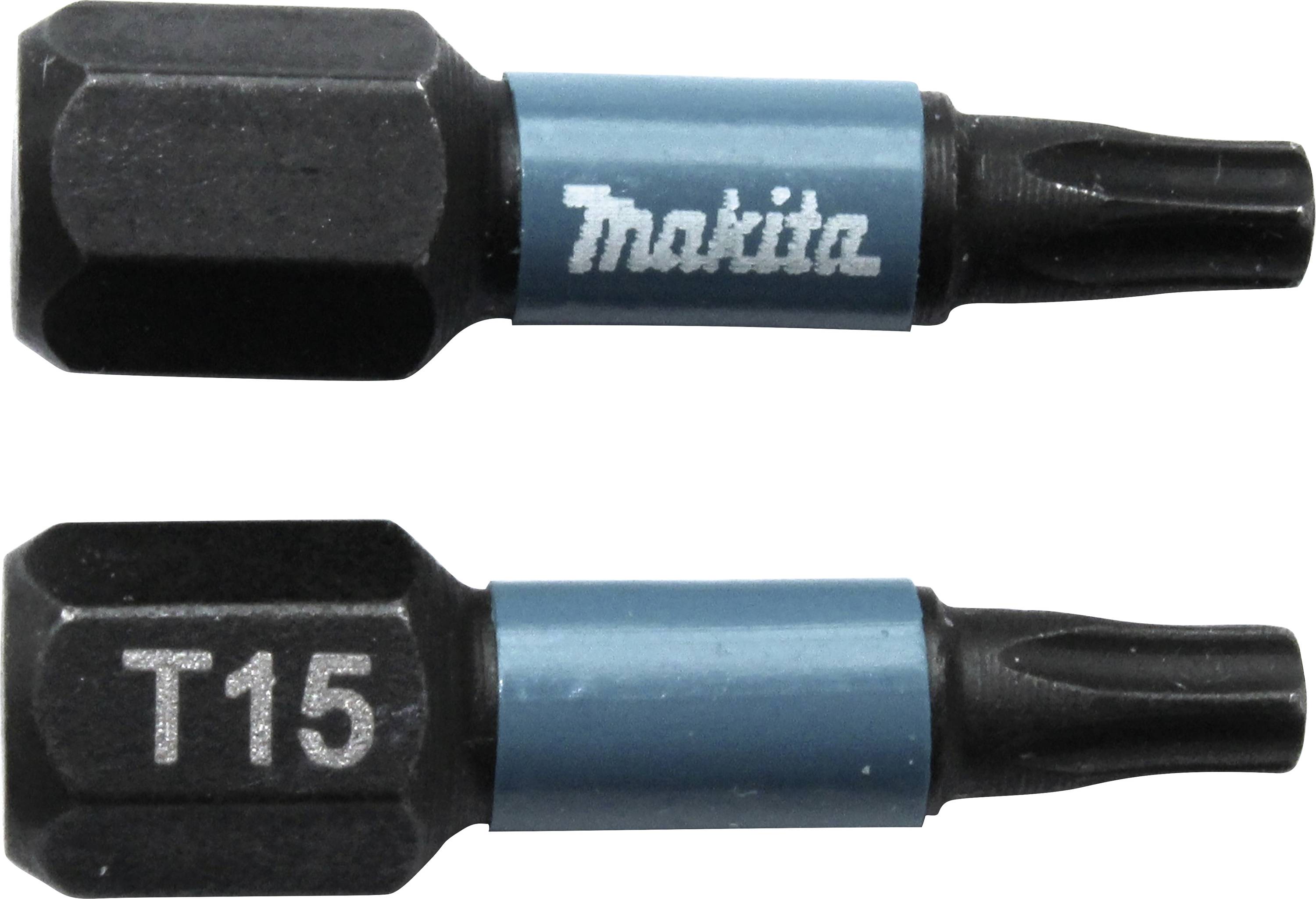 Zwei Torx-Schraubendreher-Bits mit blauem Schaft und schwarzem Einsatz, einer trägt die Aufschrift 'Makita', der andere 'T15'.