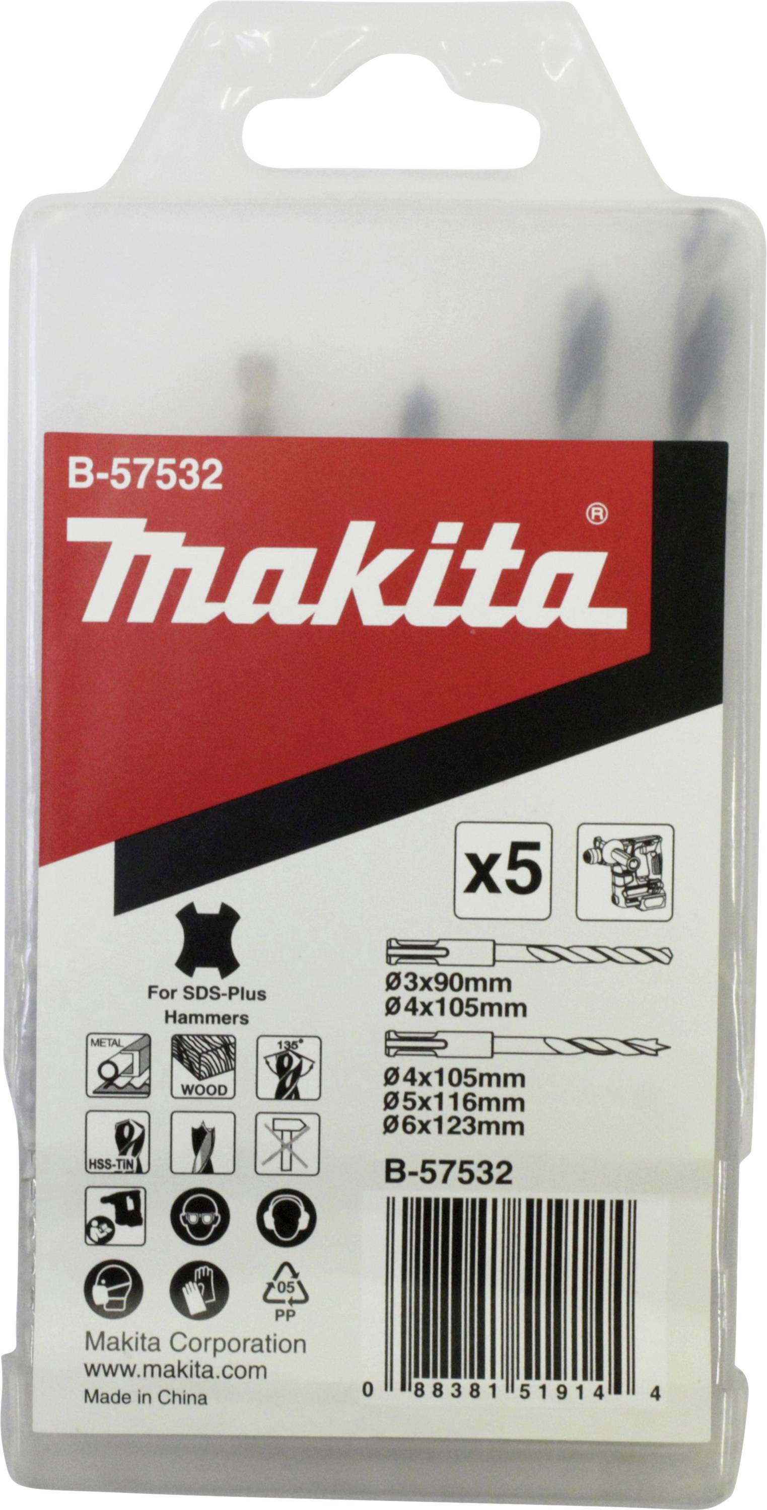 Verpackung mit fünf Makita SDS-Plus Bohrern in verschiedenen Größen. Enthält Bohrer von 90 mm bis 123 mm Länge.