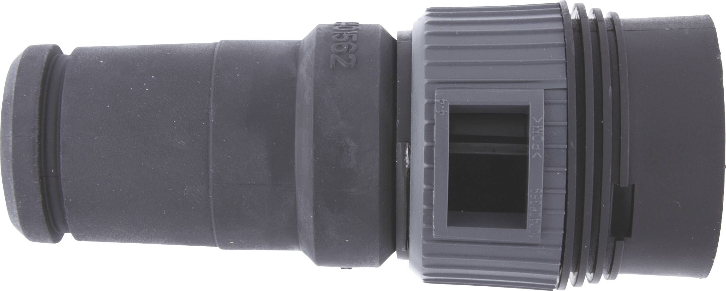 Graues Kunststoffverbindungsstück mit geriffeltem Griff und viereckiger Öffnung, verwendet in Sanitärsystemen für Rohrverbindungen.