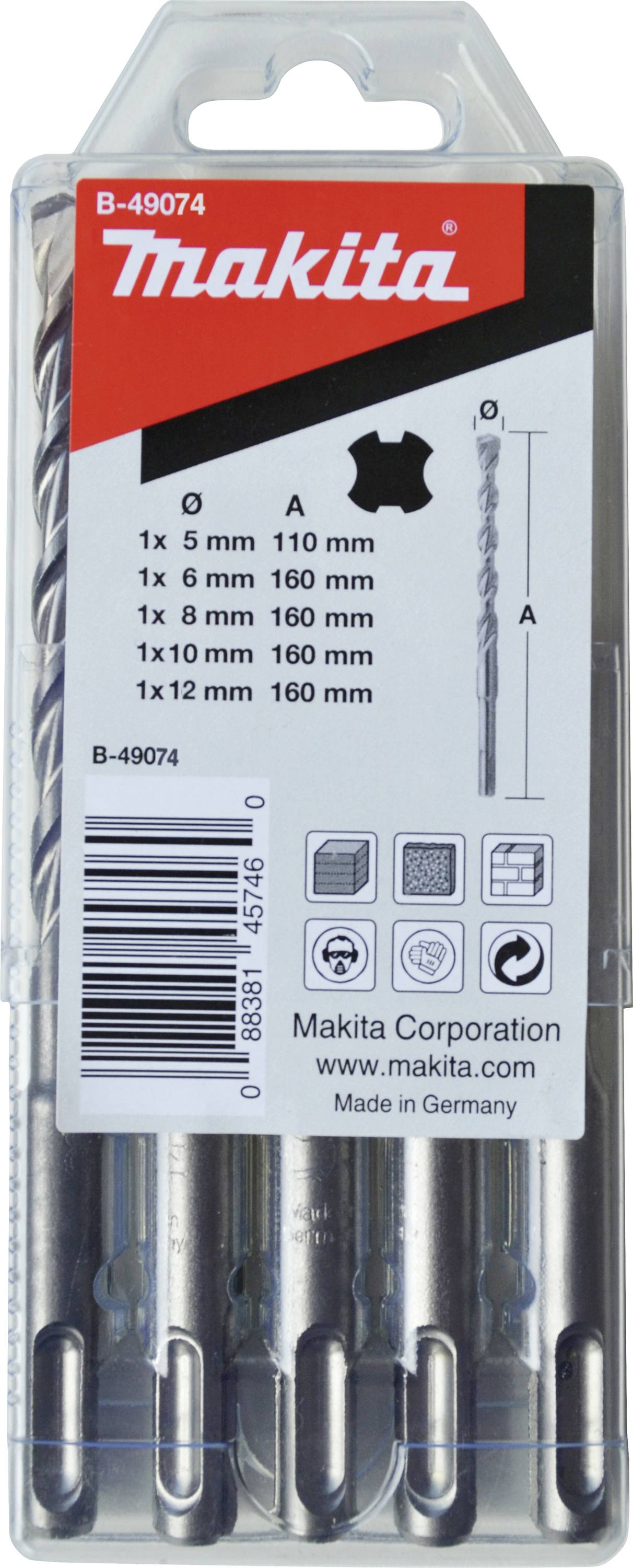 Bohrer-Set von Makita, bestehend aus fünf Bohrern unterschiedlicher Größen (5mm bis 12mm) in einer transparenten Kunststoffverpackung.