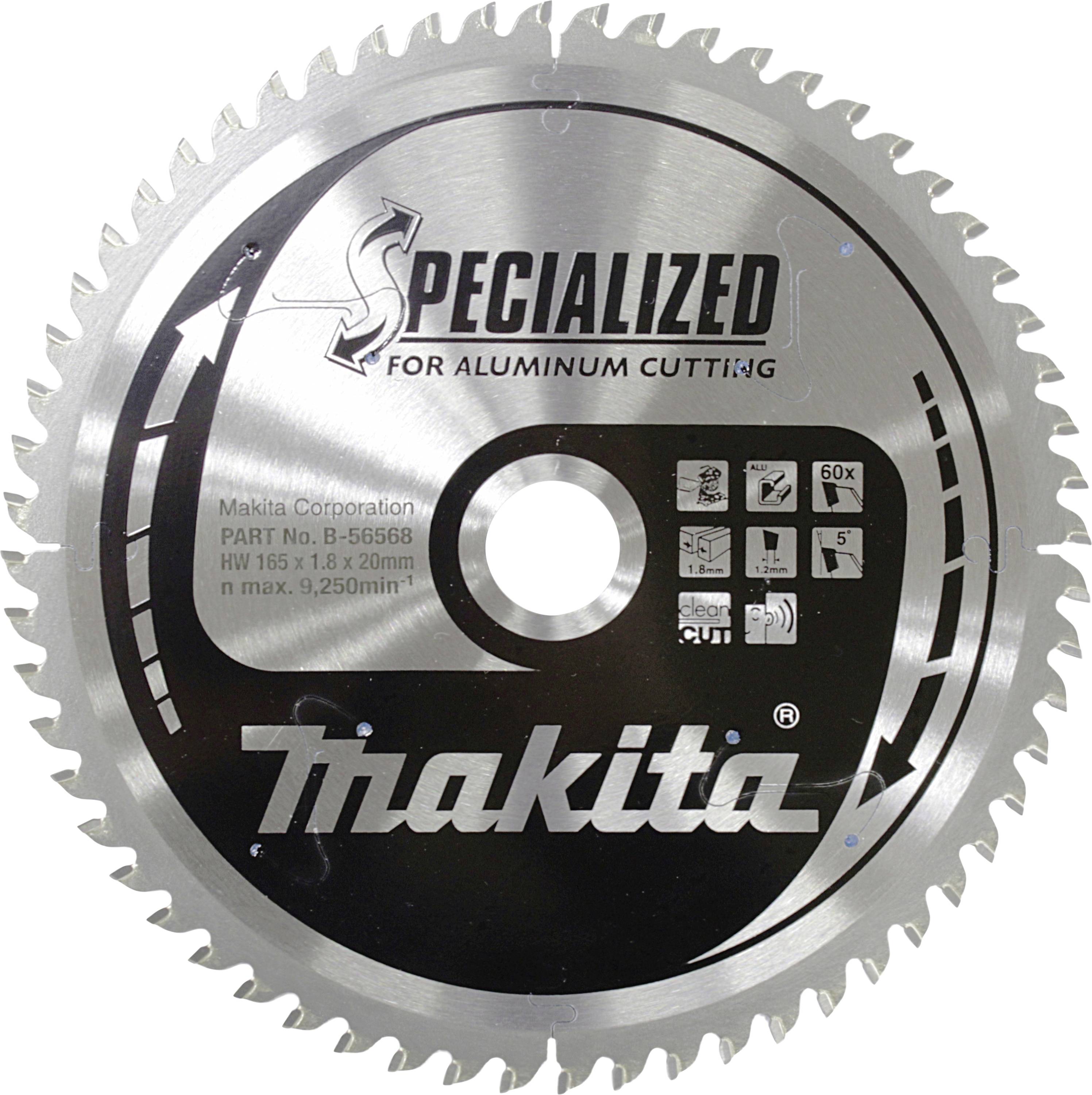 Kreissägeblatt 'Makita Specialized' für Aluminiumschnitt, 60 Zähne, max. 9250 U/min, Durchmesser 165 mm, Bohrung 20 mm.