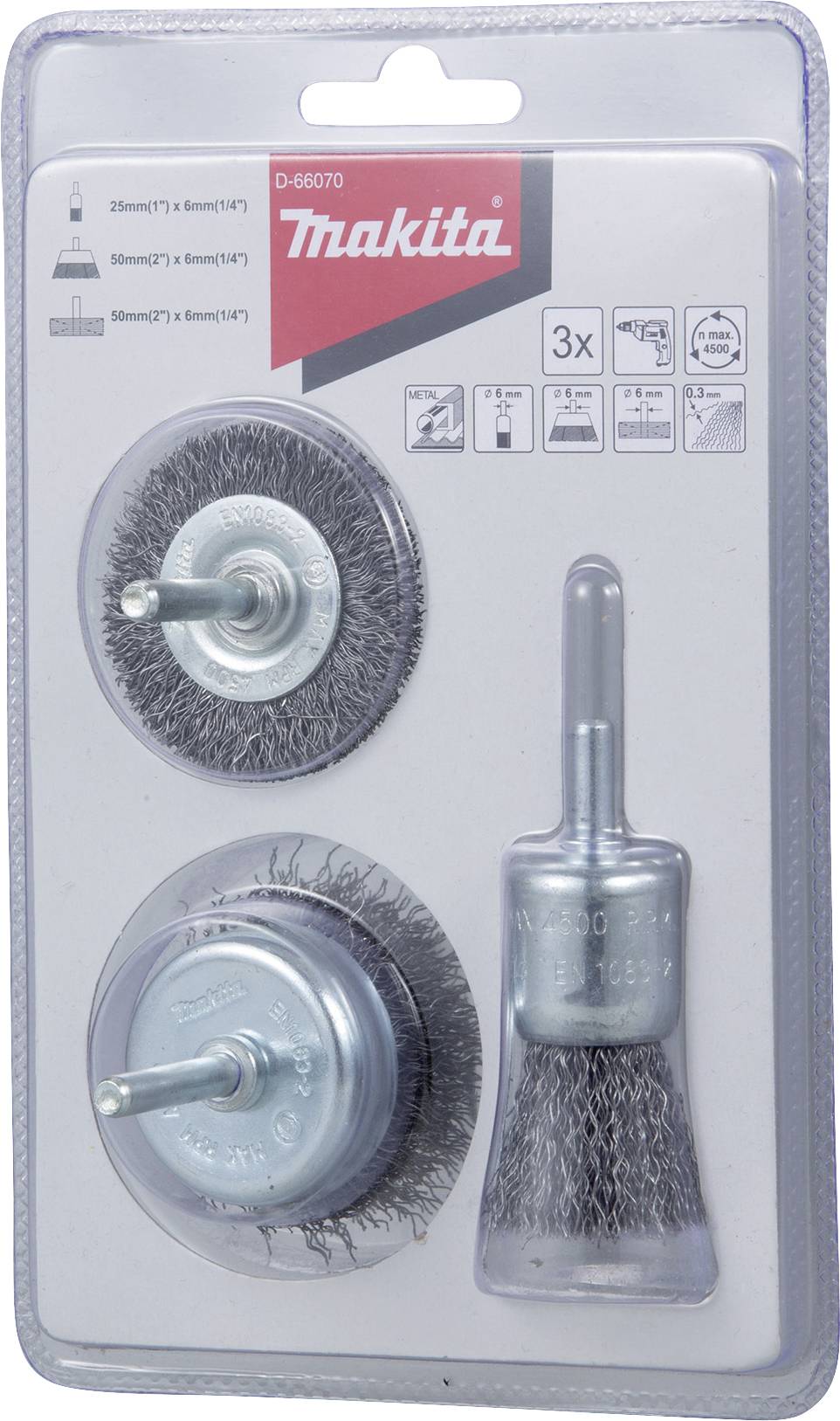 Set aus drei Makita-Stahlbürsteneinsätzen: 25mm, 50mm und 50mm Tassenbürsten, 13mm Stiftbürste. Geeignet für Bohrmaschinen.