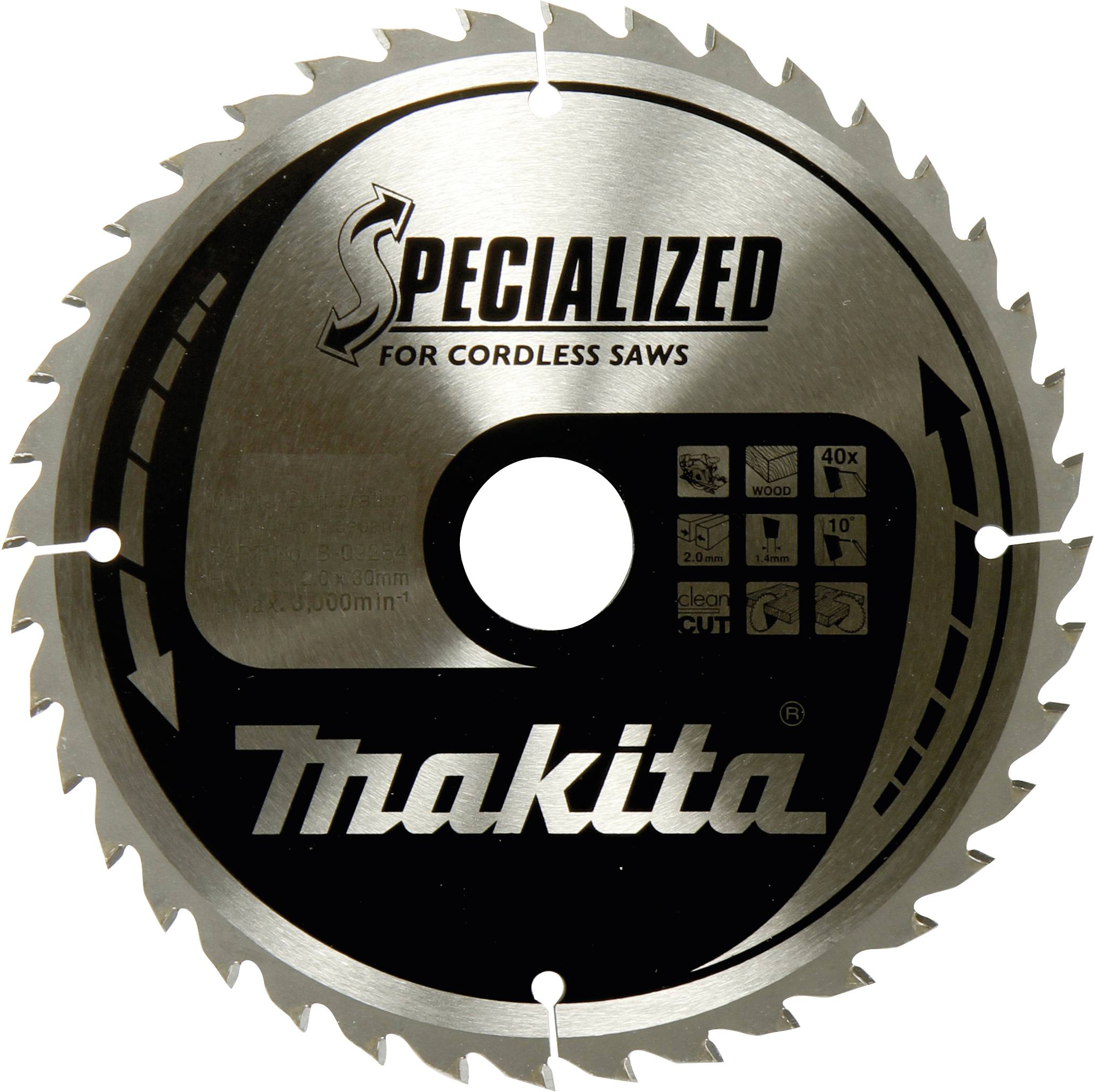 Sägeblatt mit 'Specialized for Cordless Saws' und 'Makita' Logo. Zeigt Symbole für Schnitteigenschaften und 40 Zähne.