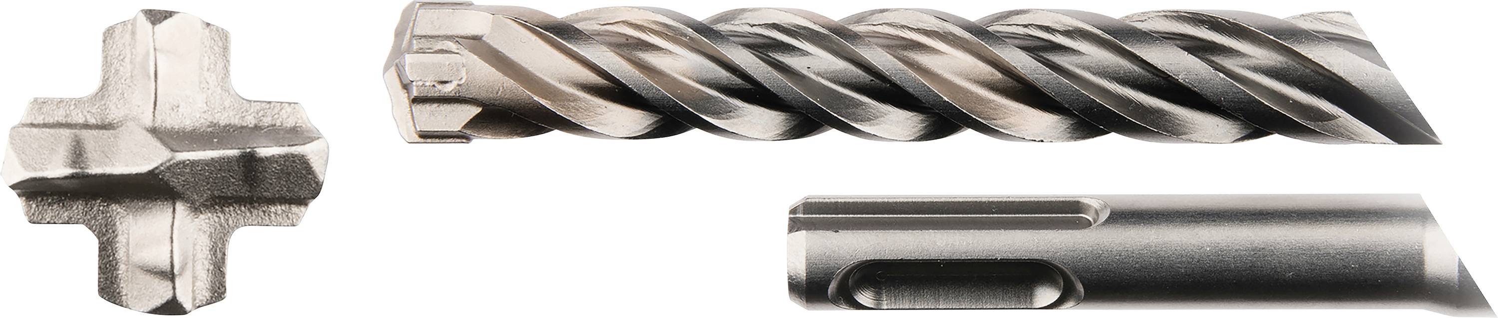 Ein mehrstufiger Spiralbohrer mit Querschneide zeigt die Vorder-, Seiten- und Rückansicht des Werkzeugs aus Metall.