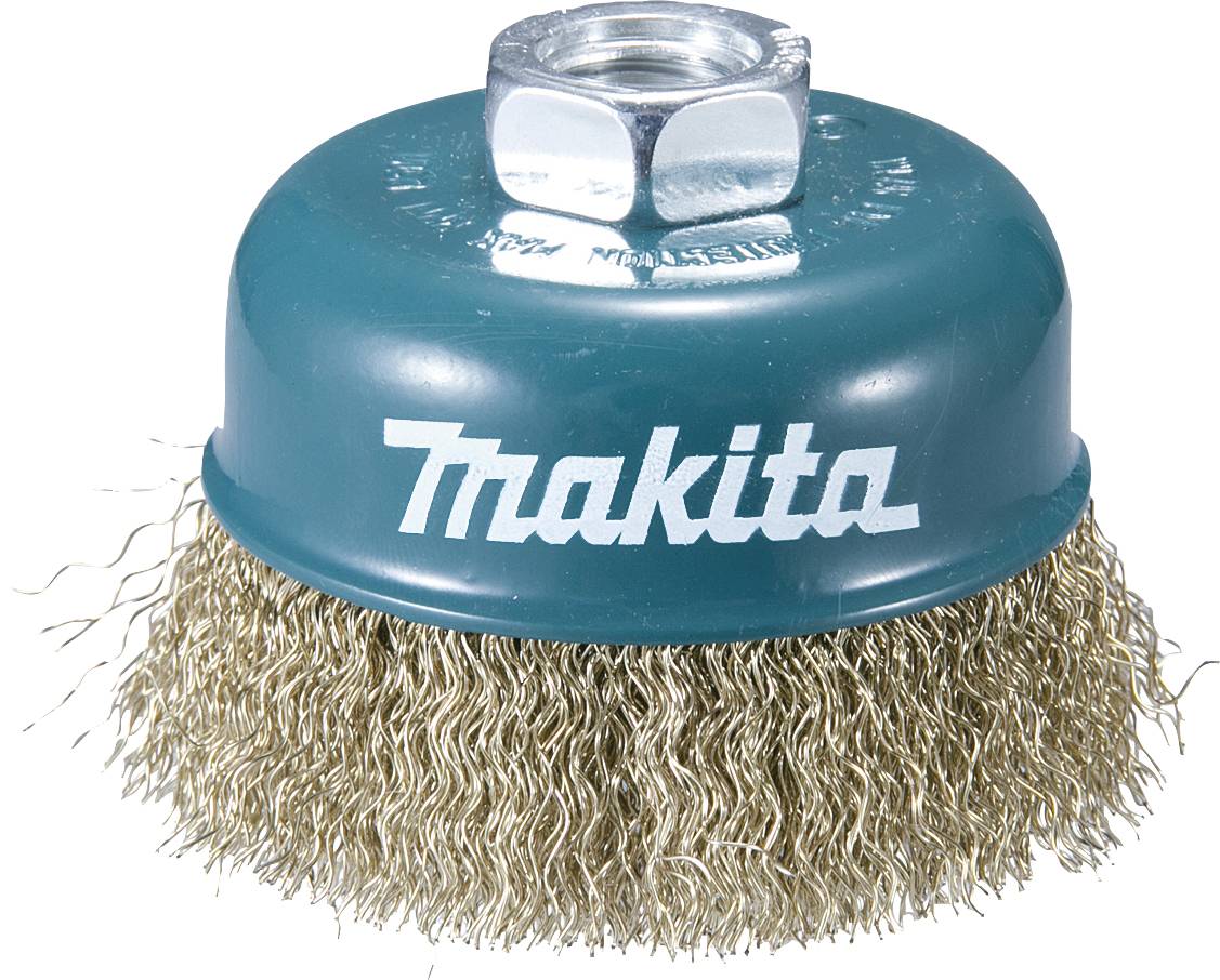 Runde Drahtbürste mit blauen Metallgehäuse und Aufsatzmutter oben, geeignet für Reinigungsarbeiten. Marke 'Makita' sichtbar.