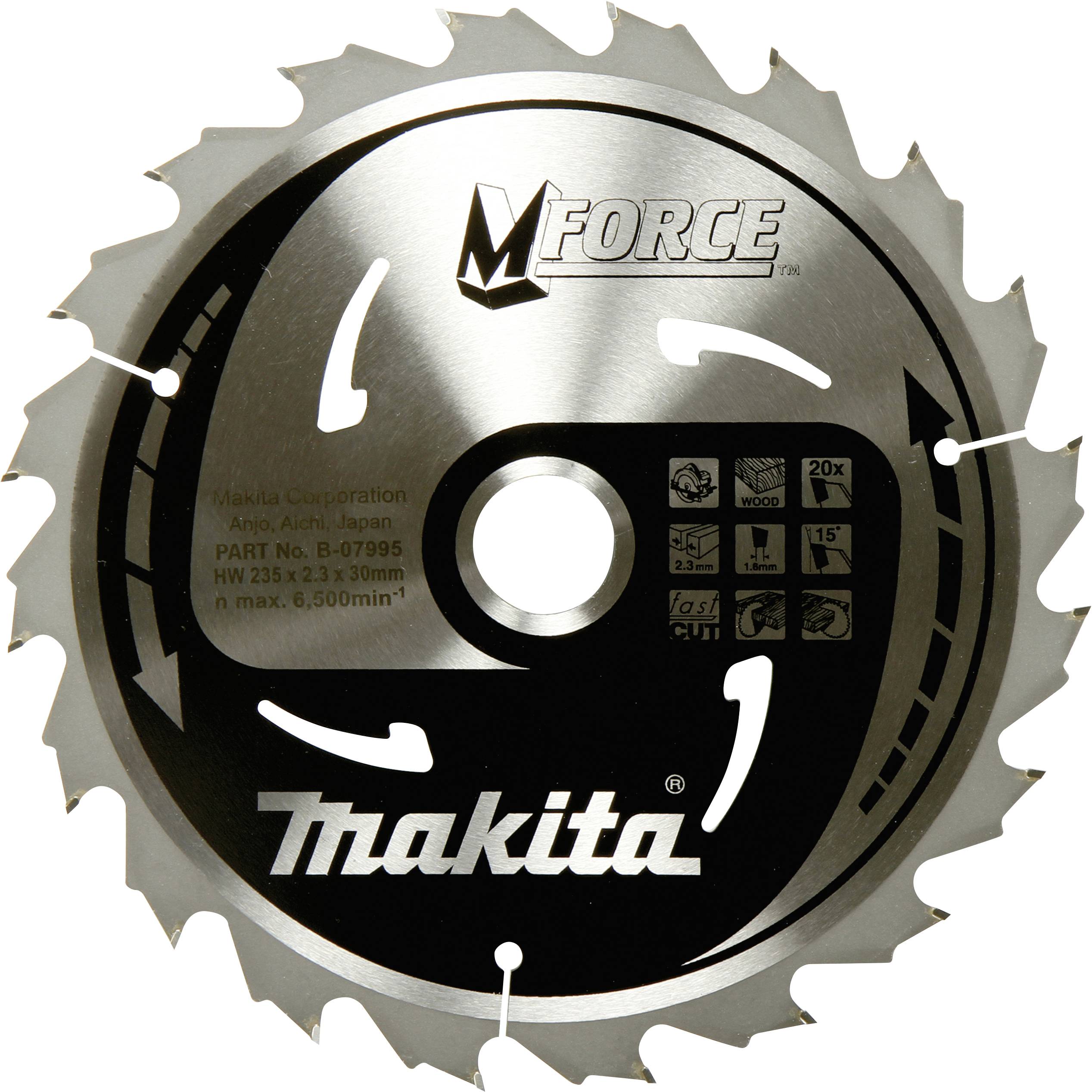 Makita Kreissägeblatt mit M Force-Logo, Durchmesser 230 mm, Zähneanzahl 24. Geeignet für Holzschneiden.