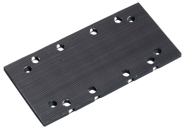 Schwarze rechteckige Metallplatte mit mehreren runden Löchern, gleichmäßig verteilt. Eignet sich als Montageadapter oder Verstärkungsplatte.