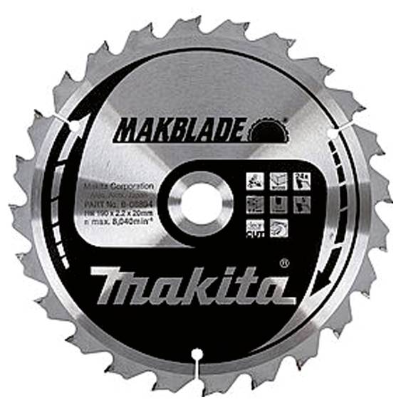 Kreissägeblatt 'MAKBLADE' von Makita mit mehreren Zähnen, Logo und technischen Spezifikationen auf der Vorderseite.