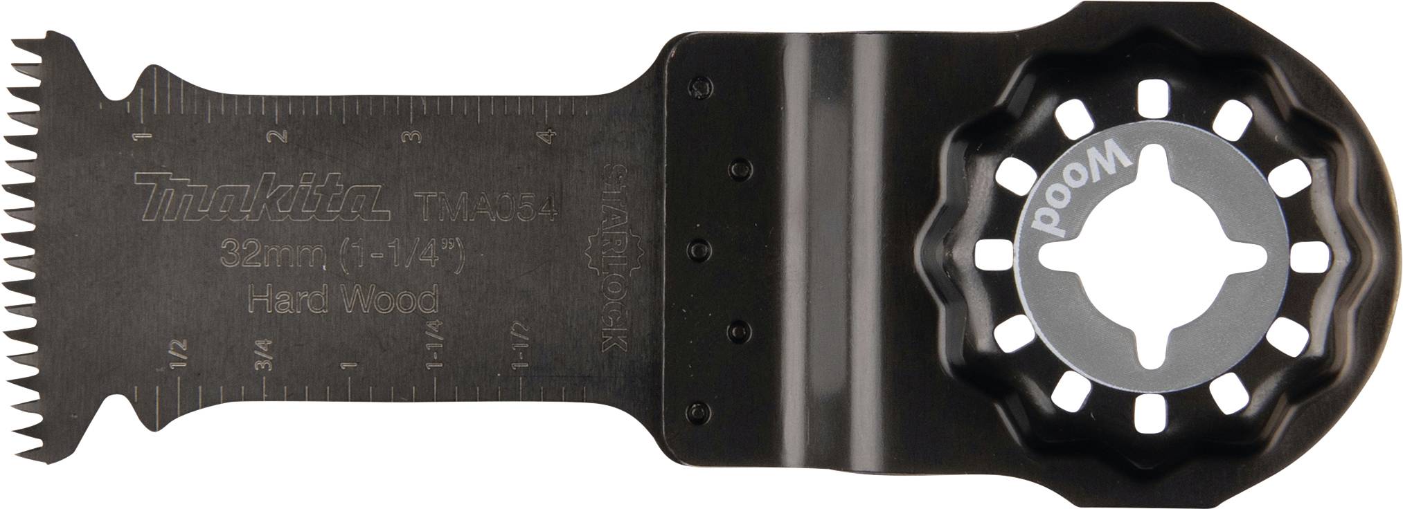 Schwarz-graues Sägeblatt für Hartholz mit Metallzähnen, Aufschrift: '32 mm', 'Hard Wood', 'Makita'.