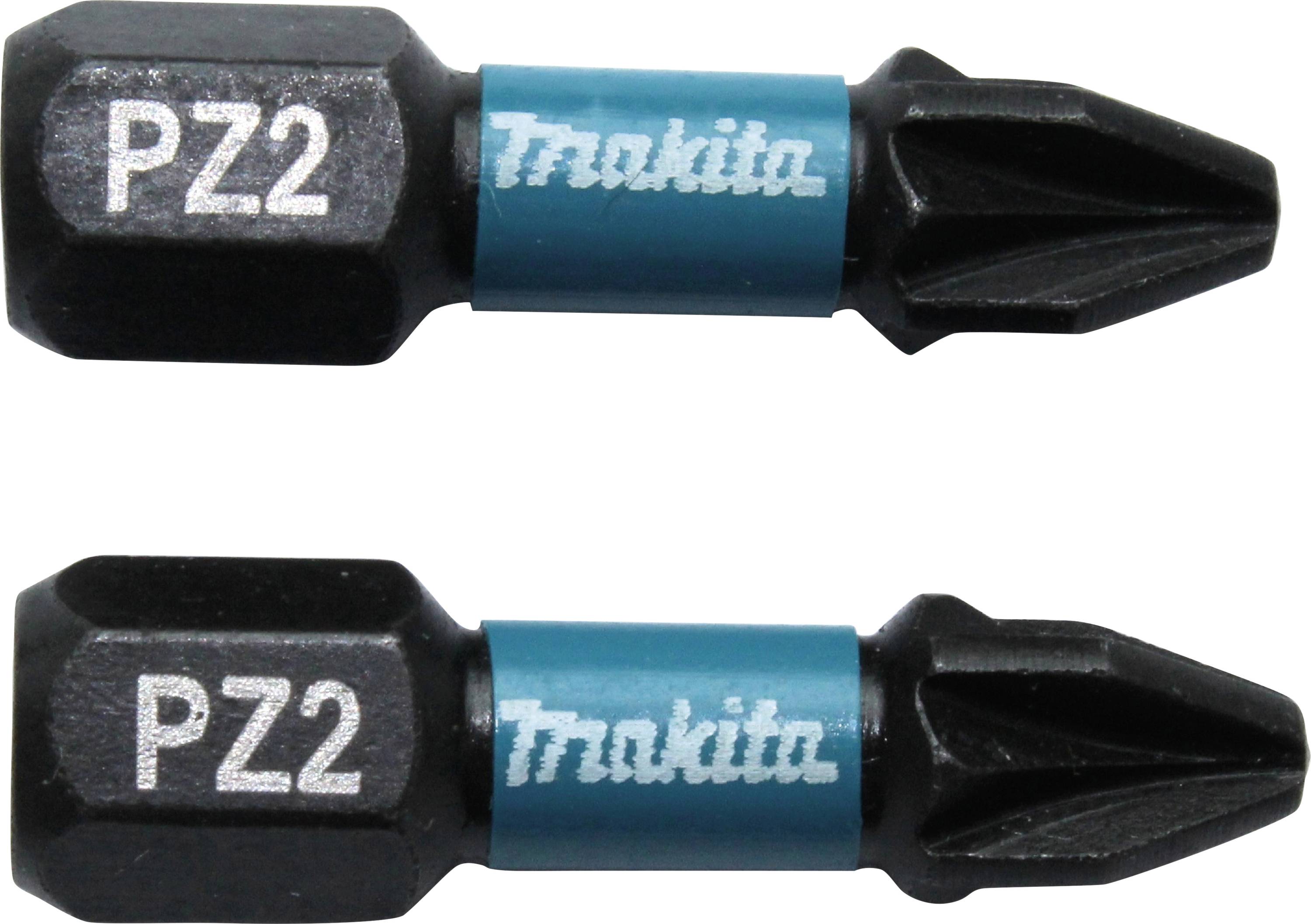 Zwei Makita Schraubendreher-Bits mit PZ2-Kopf, schwarzer Spitze und blauem Gehäuse; beide markieren Modell und Marke.