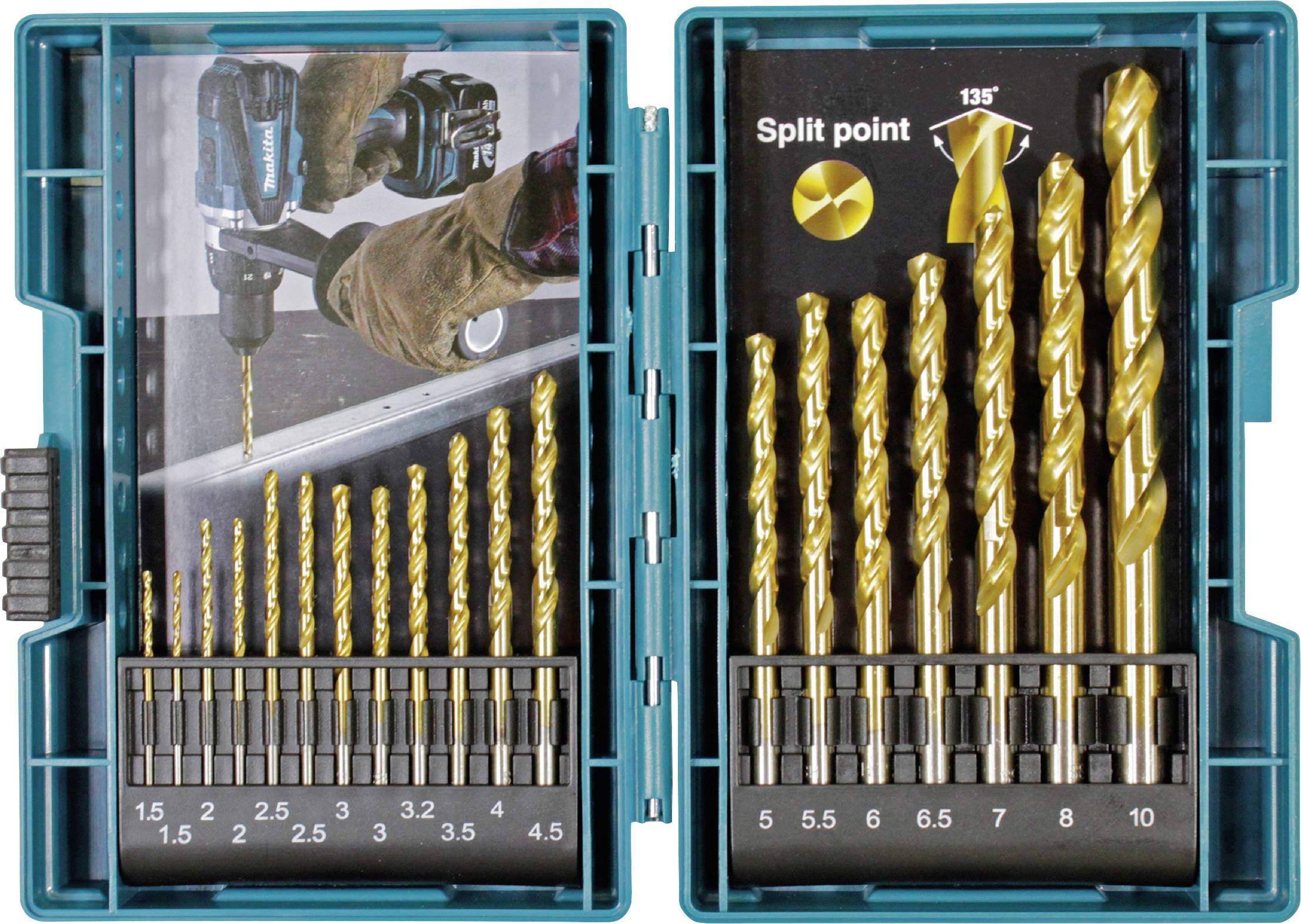 Bohrer-Set in offener blauer Box, 19 goldene Bohrer in verschiedenen Größen, 1,5 bis 10 mm, neben Foto eines Bohrers im Einsatz.