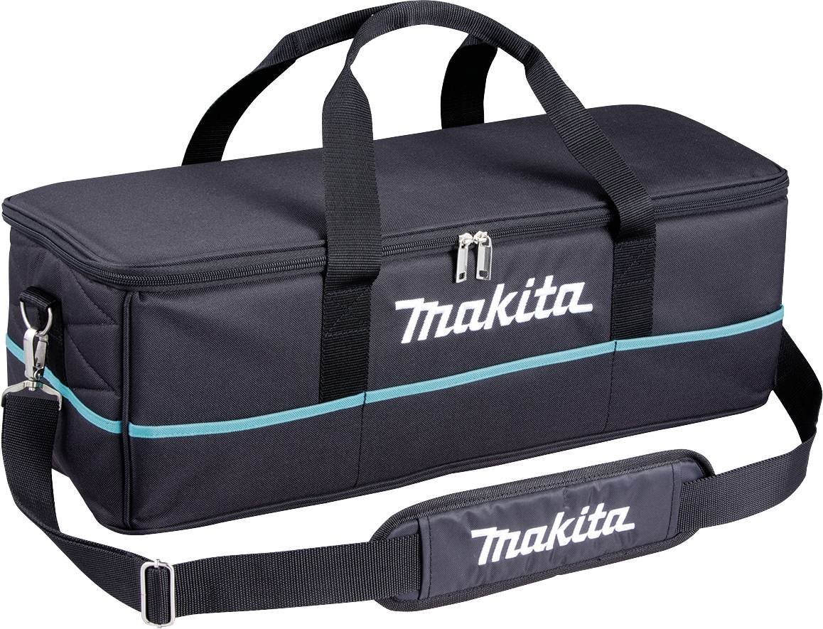Schwarze Makita-Werkzeugtasche mit Griffen und Schultergurt, robustes Design, geeignet zum Verstauen und Transportieren von Werkzeugen.