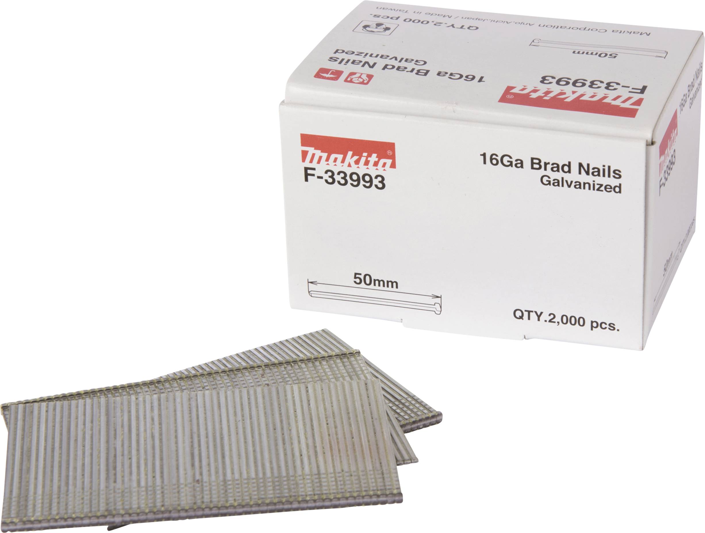 Eine weiße Verpackung mit der Aufschrift '16GA Brad Nails, Galvanized, 2000 Stück'. Daneben liegen mehrere Streifen mit Nägeln.
