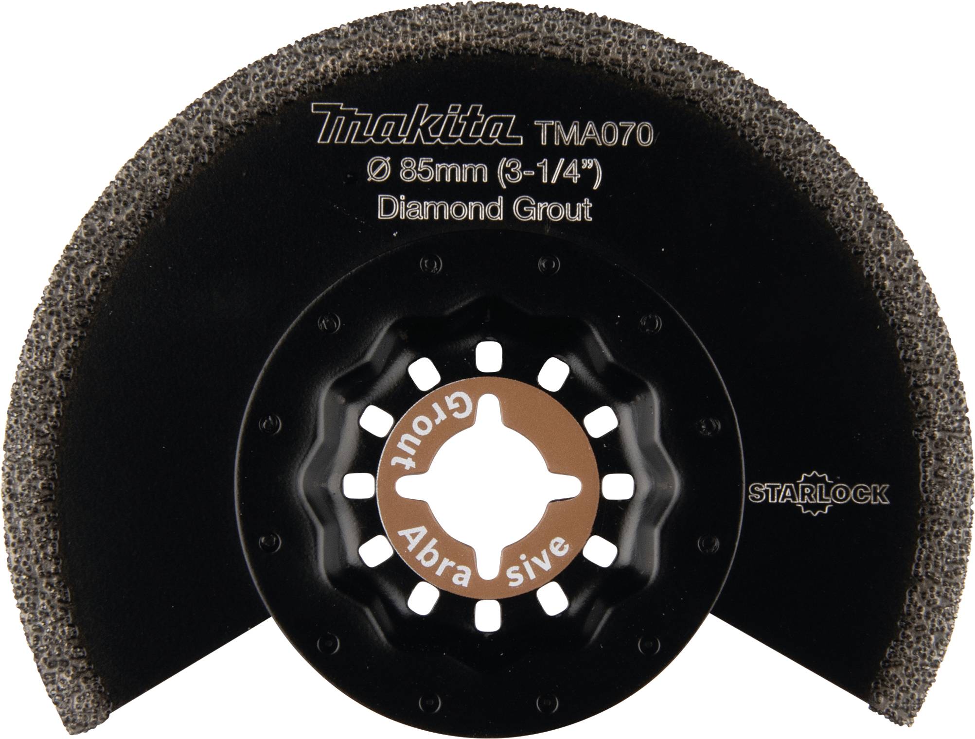 Ein rundes Schleifblatt der Marke Makita, Modell TMA070, Durchmesser 85 mm, für Fugenarbeiten, kompatibel mit Starlock-Systemen.