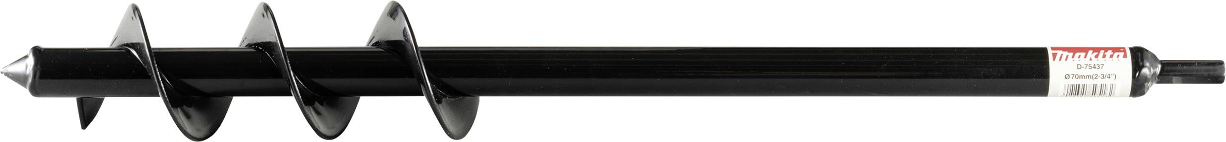 Schwarzer Bohrschneckenaufsatz mit zwei spiralförmigen Schaufeln und spitzem Ende, geeignet für Erdarbeiten. Markenetikett rechts.