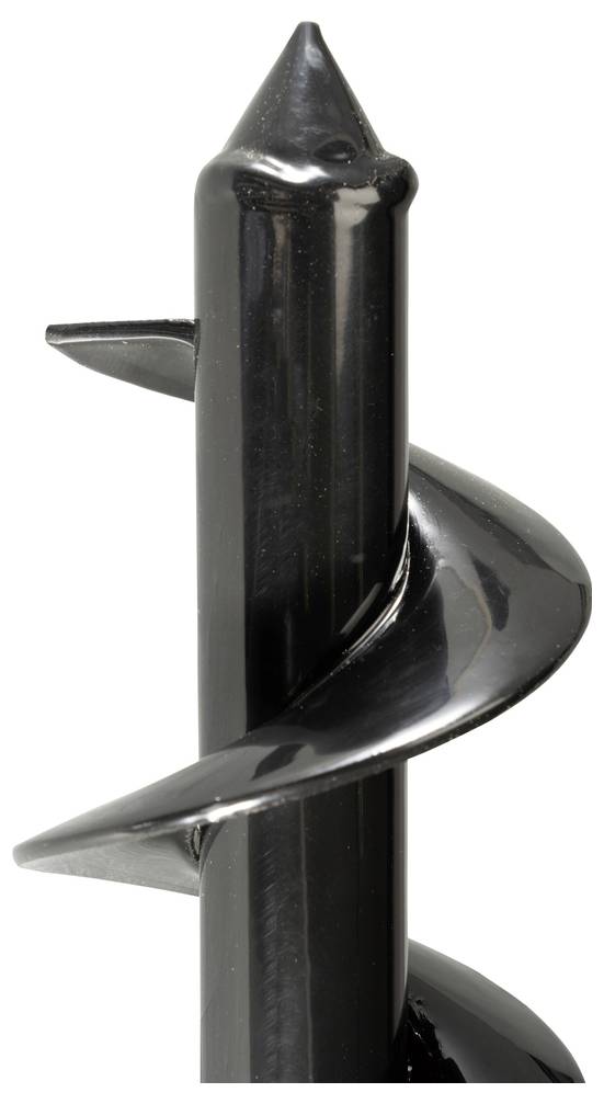 Schwarzes Metallschneckenbohrer mit spitzer Spitze und schraubenförmigen Spiralblättern auf weißem Hintergrund.