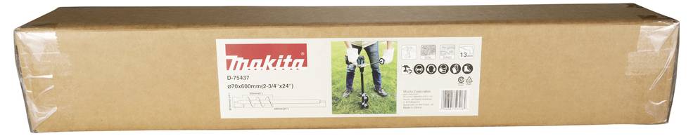 Eine lange braune Makita-Produktbox mit einem weißen Etikett, das ein Elektrowerkzeug und eine Person in Werkzeugausrüstung zeigt, sowie Modelldetails und einen Barcode.