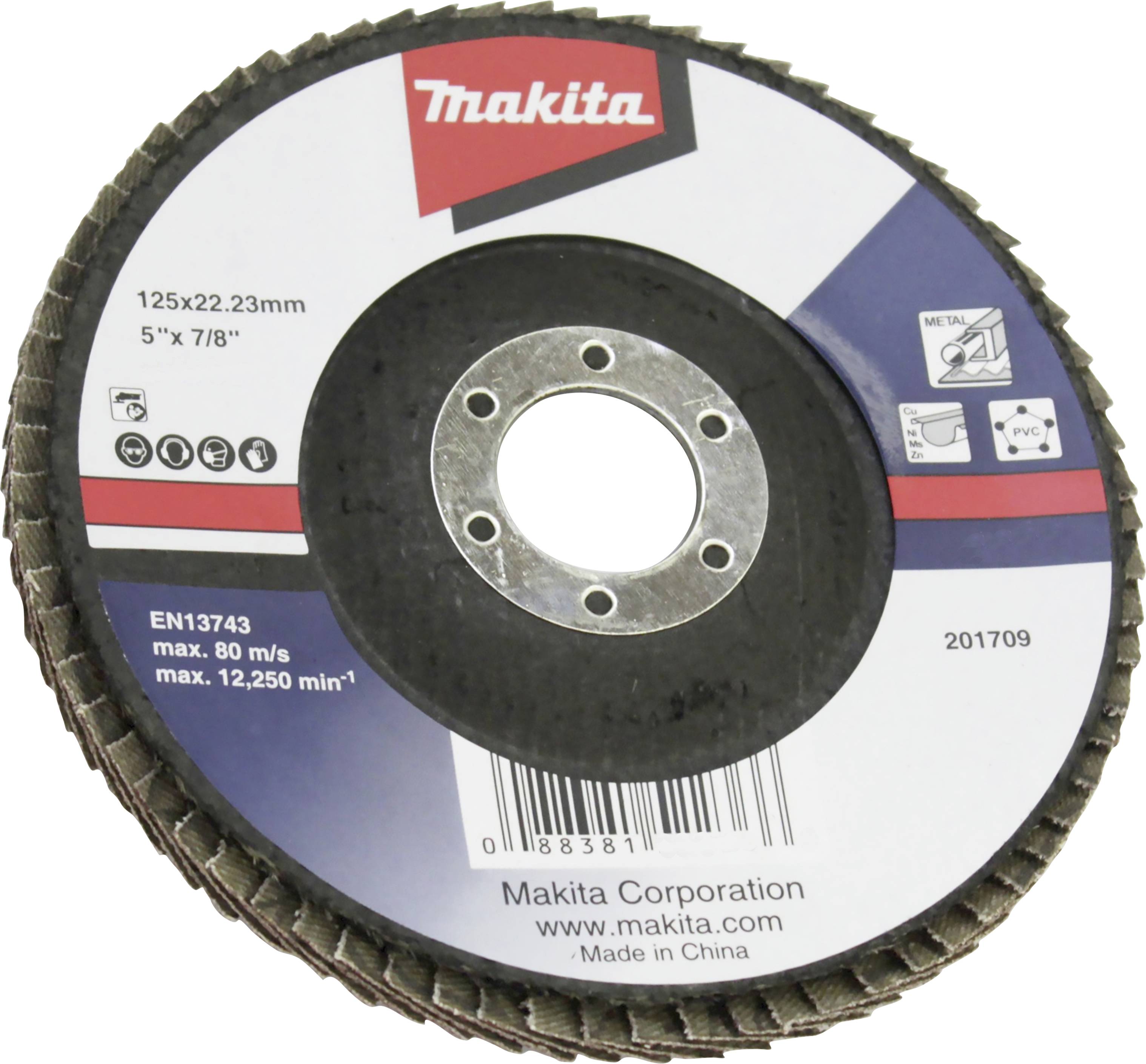 Schleifscheibe von Makita, 125x22,23 mm, max. 80 m/s, max. 12.250 U/min, geeignet für Metall.