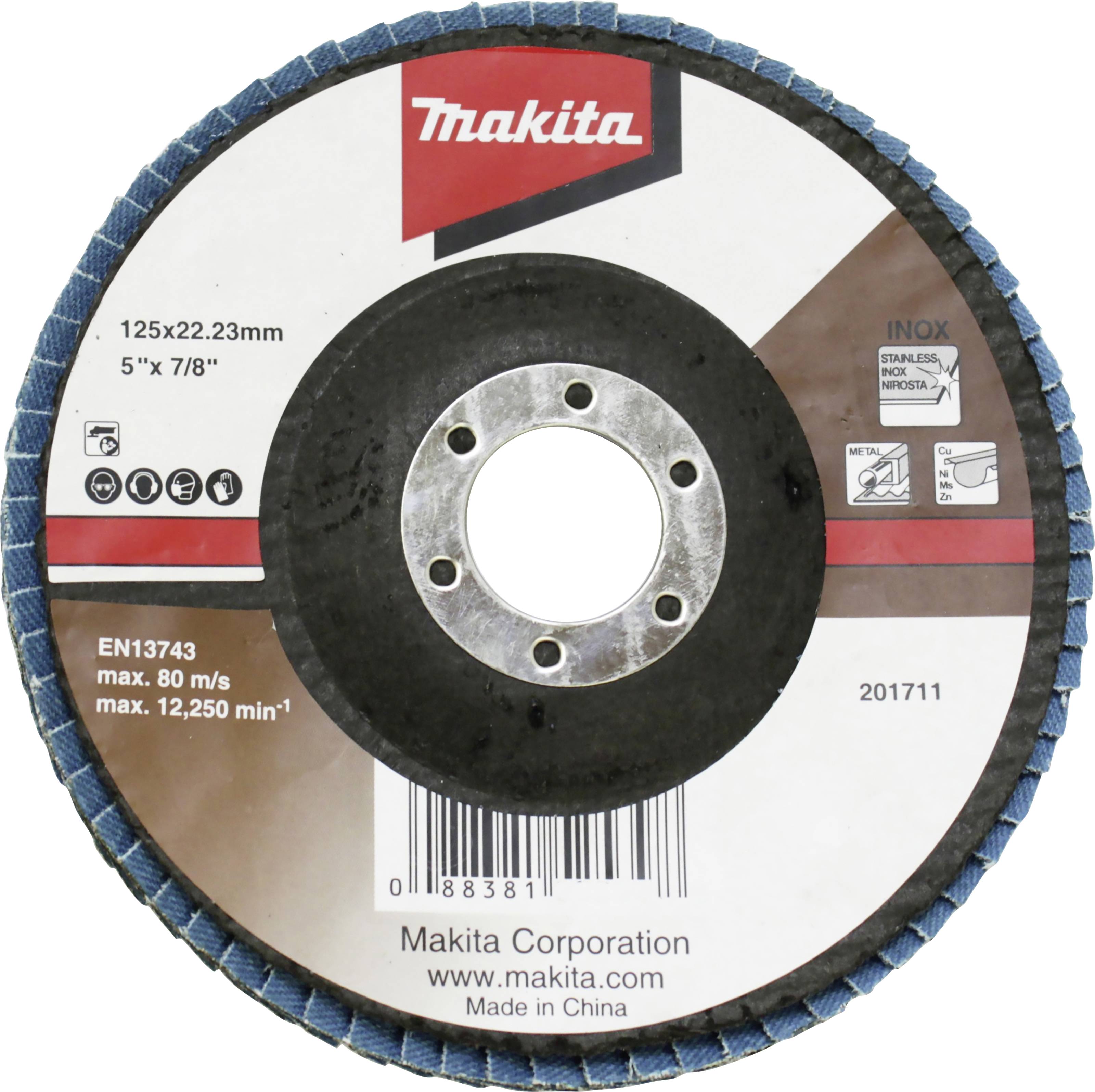 Schleifscheibe von Makita, 125x22,23mm, max. 80m/s, max. 12.250 U/min, geeignet für Inox, Modell EN13743, hergestellt in China.