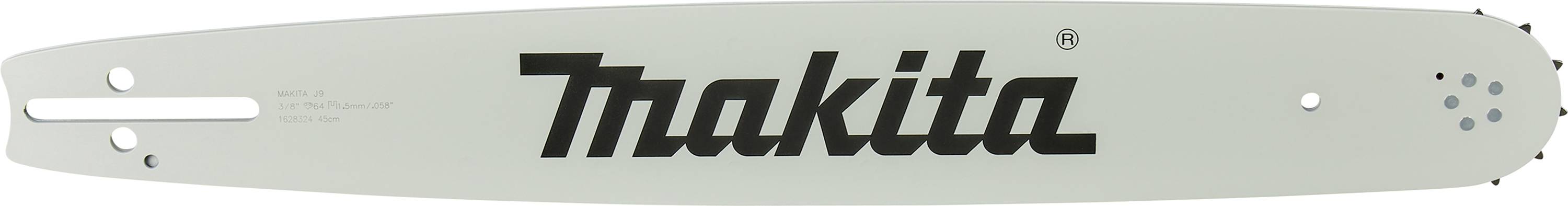 Kettensägeschwert mit dem Aufdruck 'Makita', heller Hintergrund, Löcher für die Befestigung an der Motorsäge.