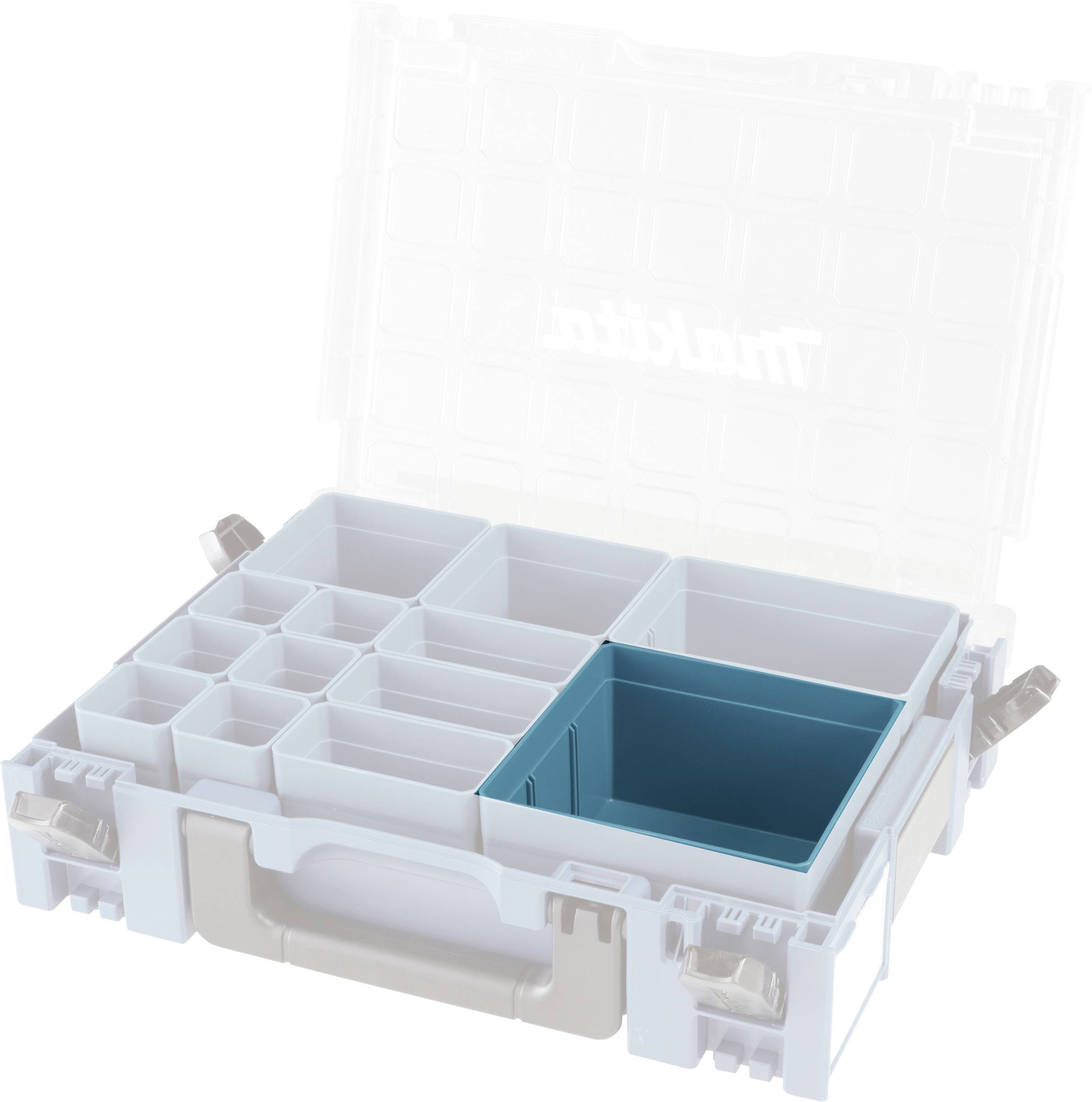 Organisationsbox mit transparentem Deckel, enthält mehrere verstellbare Fächer zur Aufbewahrung, ein Fach ist blau hervorgehoben.